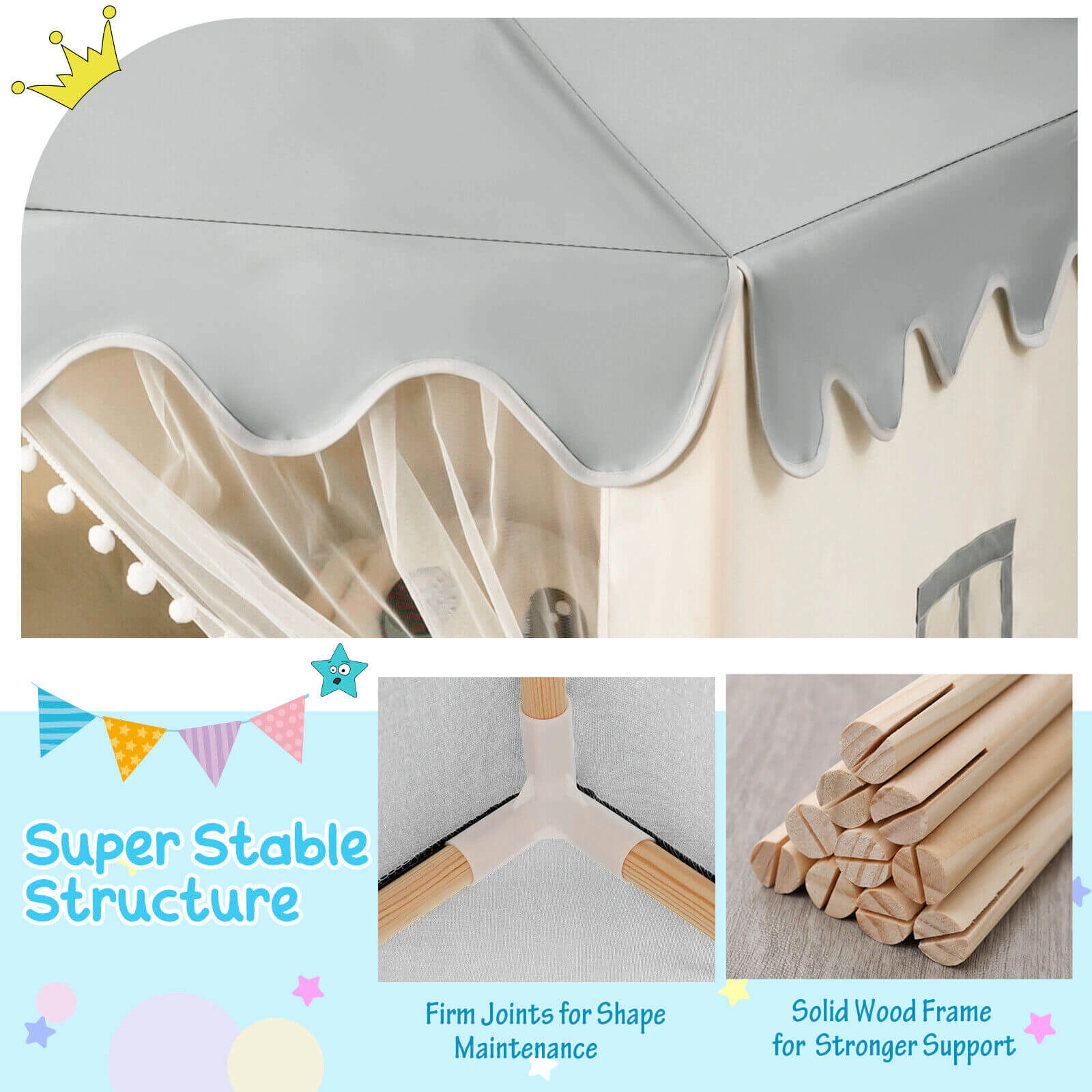 SUGIFT Large Play Castle Fairy Tent with Mat Solid Wood Frame 55-in Tall Indoor Outdoor Play Tent Beige