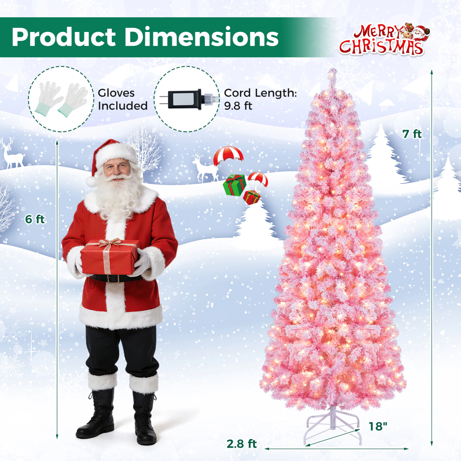 LJG 5/6/7 Feet Flocked Fir Christmas Tree with Warm White LED Lights