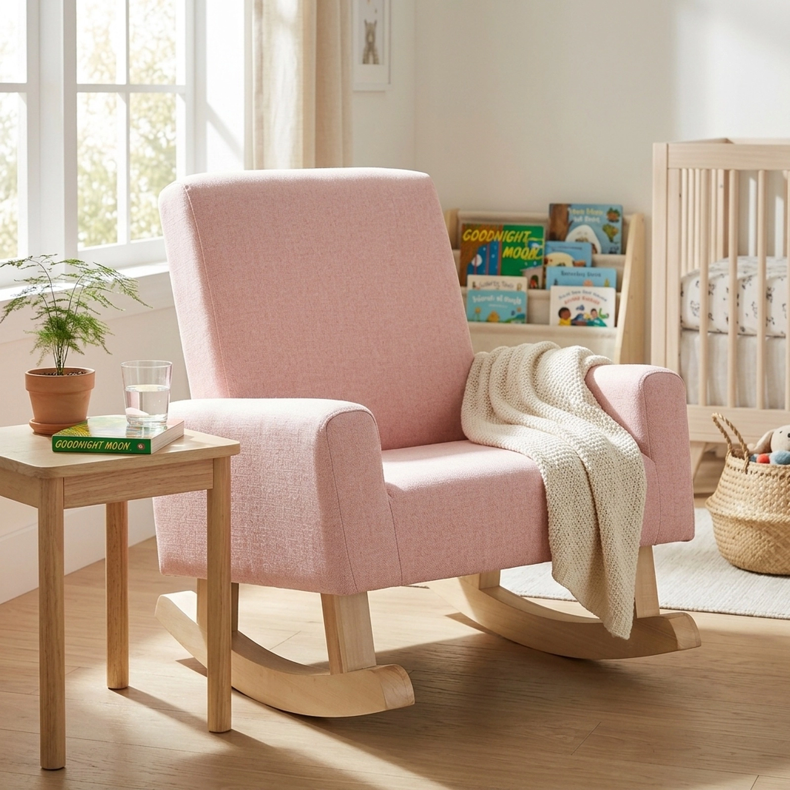 Kids Rocking Chair Toddler Rocker with Linen Upholstery Solid Poplar Wood Legs Anti-Tip Curved Runners Pink