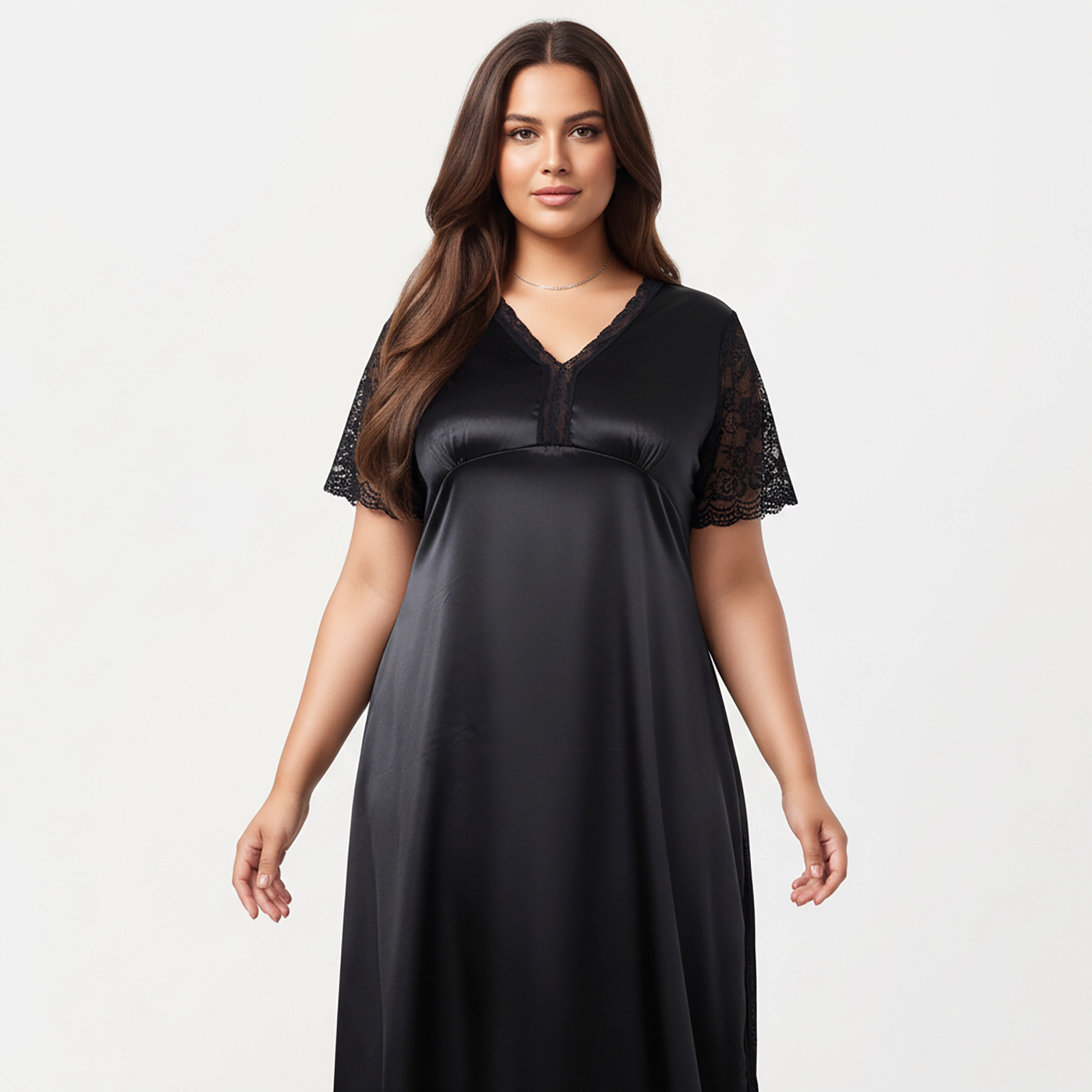 Anna-Kaci Women's Plus Satin Nightdress with Lace Trim Sleeves and High Side Slit Featuring Soft Draping Fabric