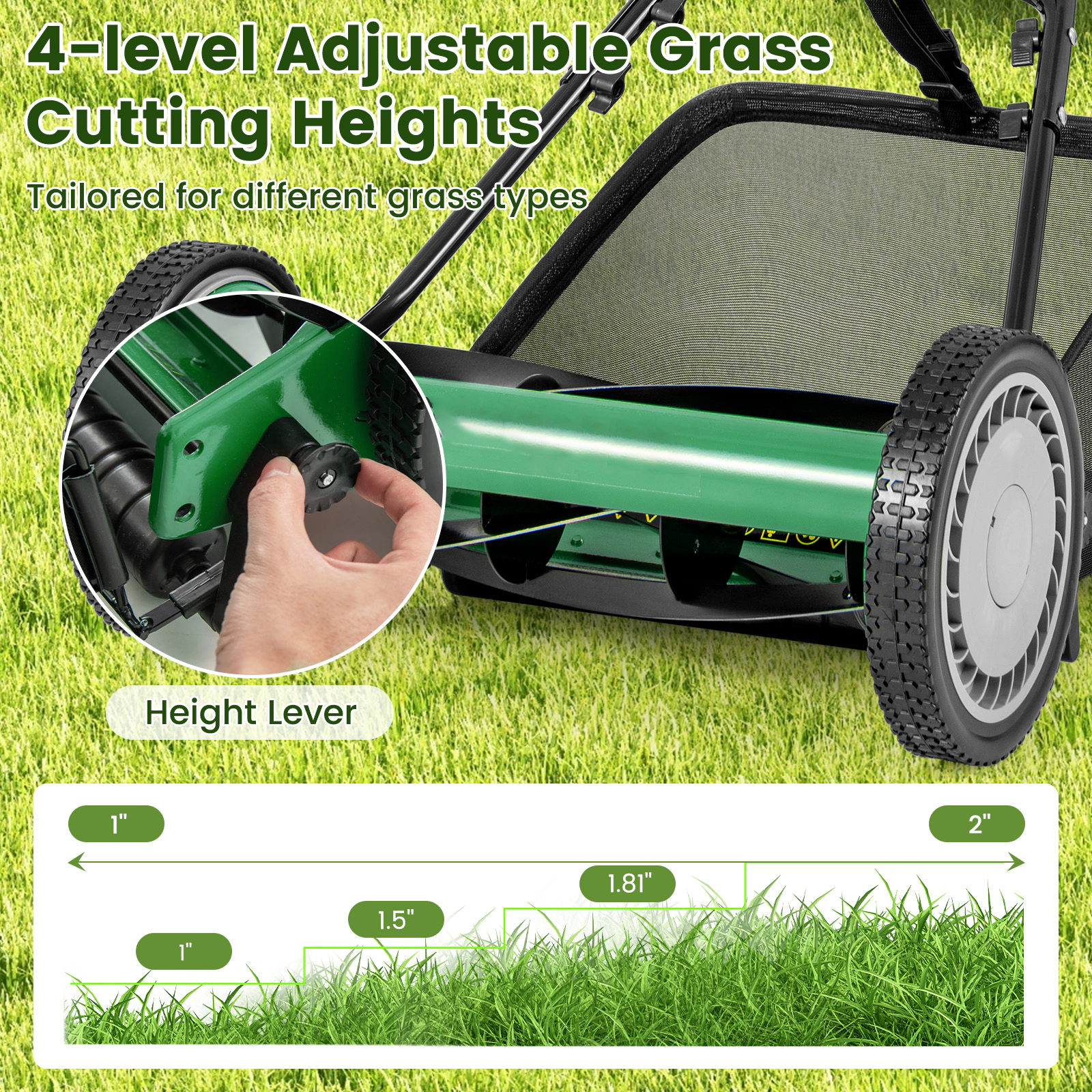 SUGIFT Green 16-in Push Reel Lawn Mower with 5 Manganese Blades 4 Cutting Heights and 7-gal Catcher Bag