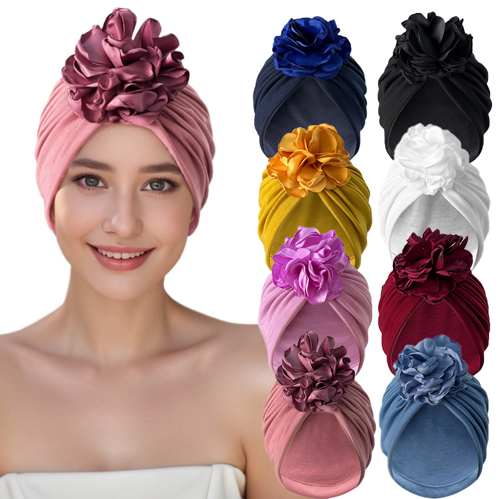 Wardrobe Whimsy Big Flower Elastic Turban Hat Women Stretchy Hijab Bonnet Beanie Cap