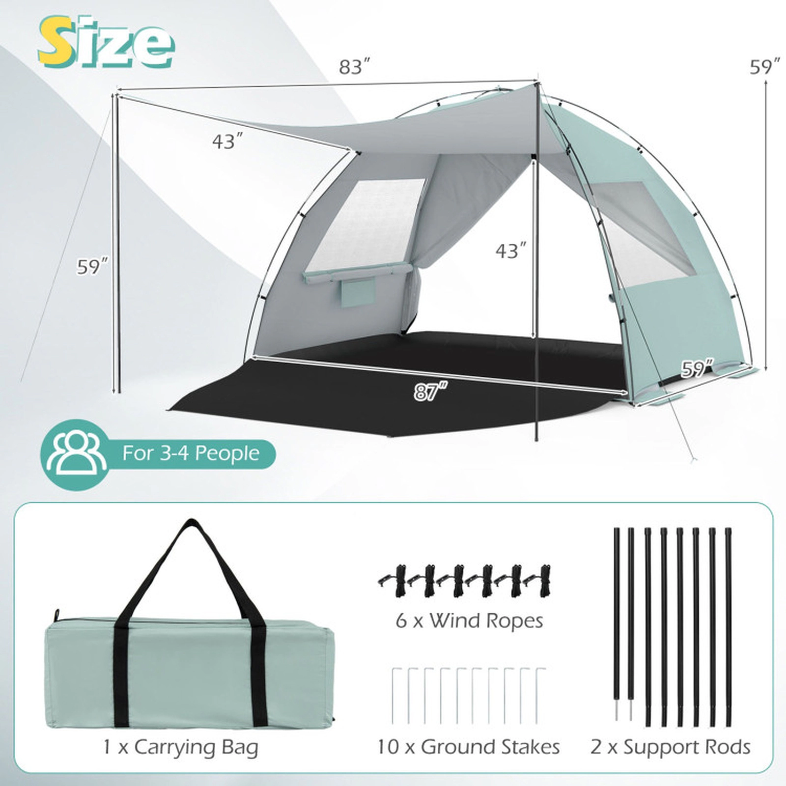 SUGIFT Beach Tent Sun Shelter with Canopy and Extended Floor 87-in Long 6-lb Portable Green