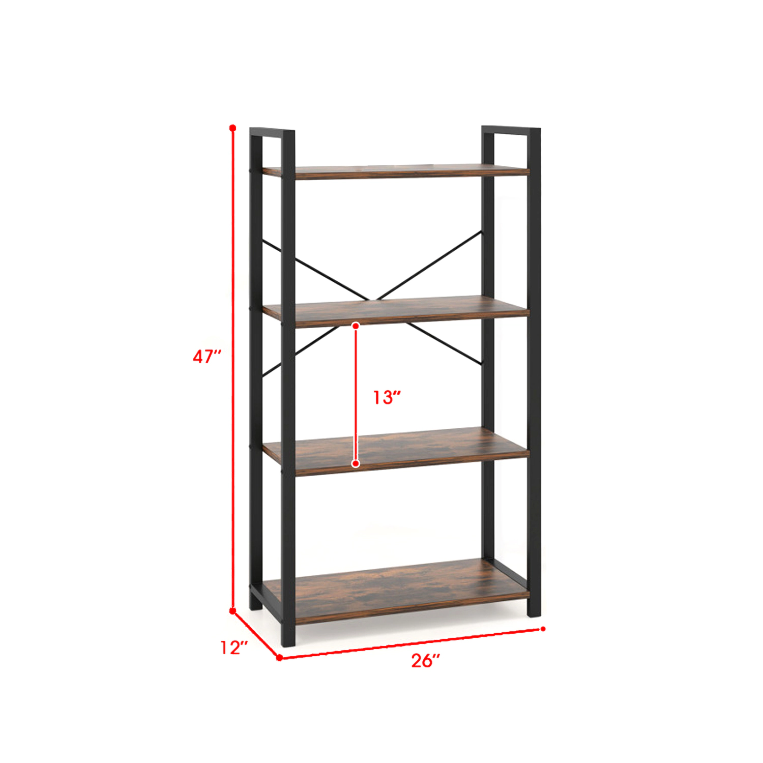 Hivvago Industrial-Style 4-Tier Bookshelf with Sturdy Metal Construction
