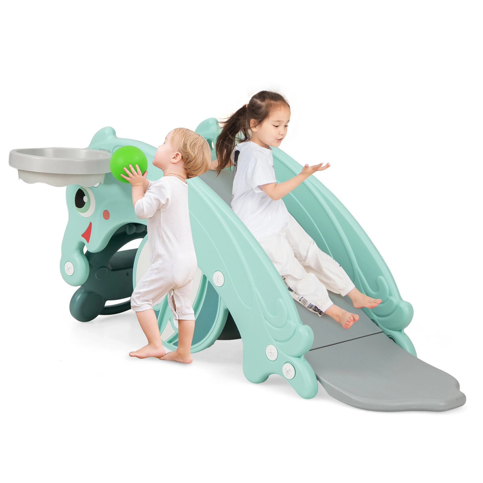 LJG 3-in-1 Kids Slide Rocking Horse Set Convertible Toddler with Basketball Hoop