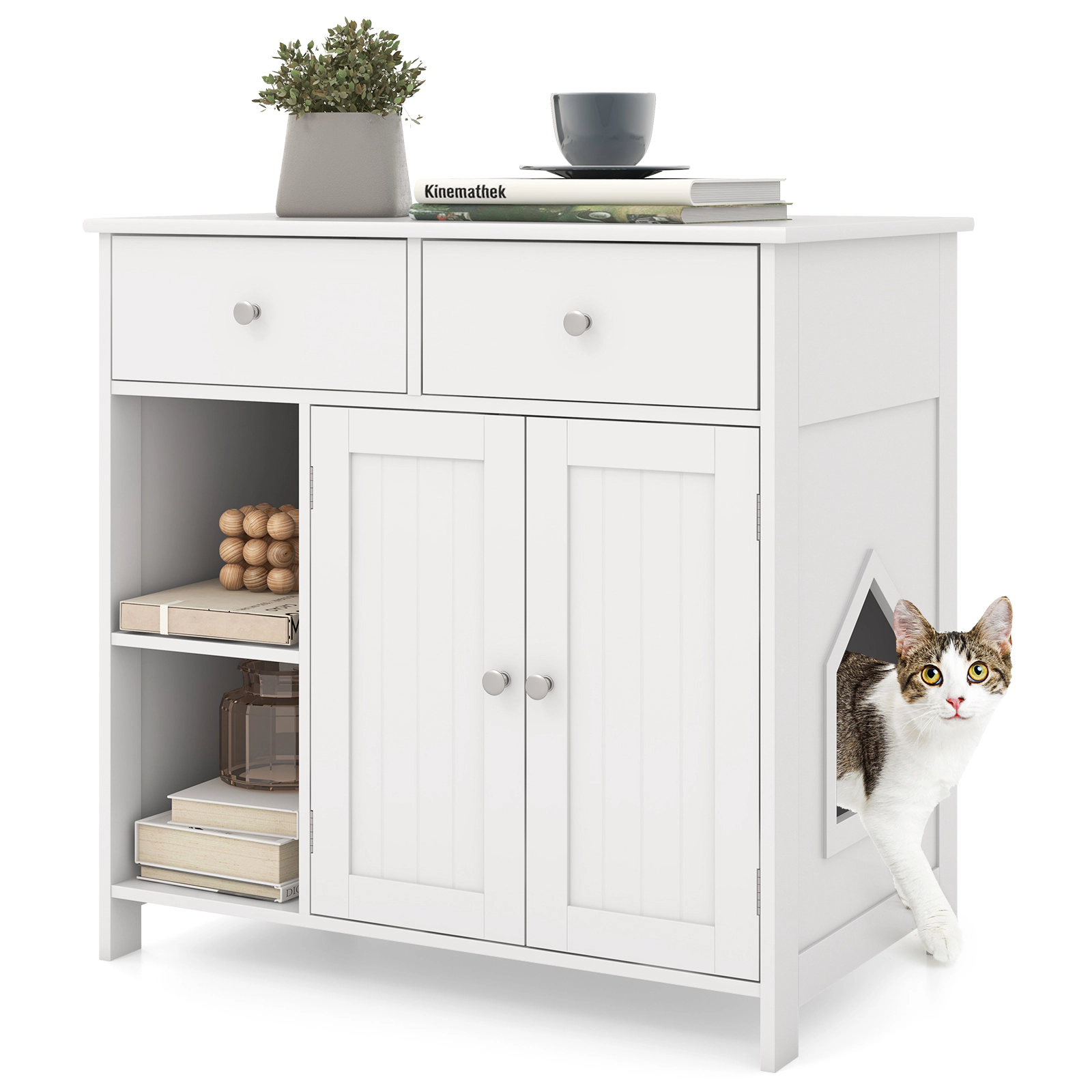 SUGIFT 31.5 x 31-in White Wooden Hidden Cat Litter Box Enclosure Side Cabinet with 2 Drawers and Side Entrance