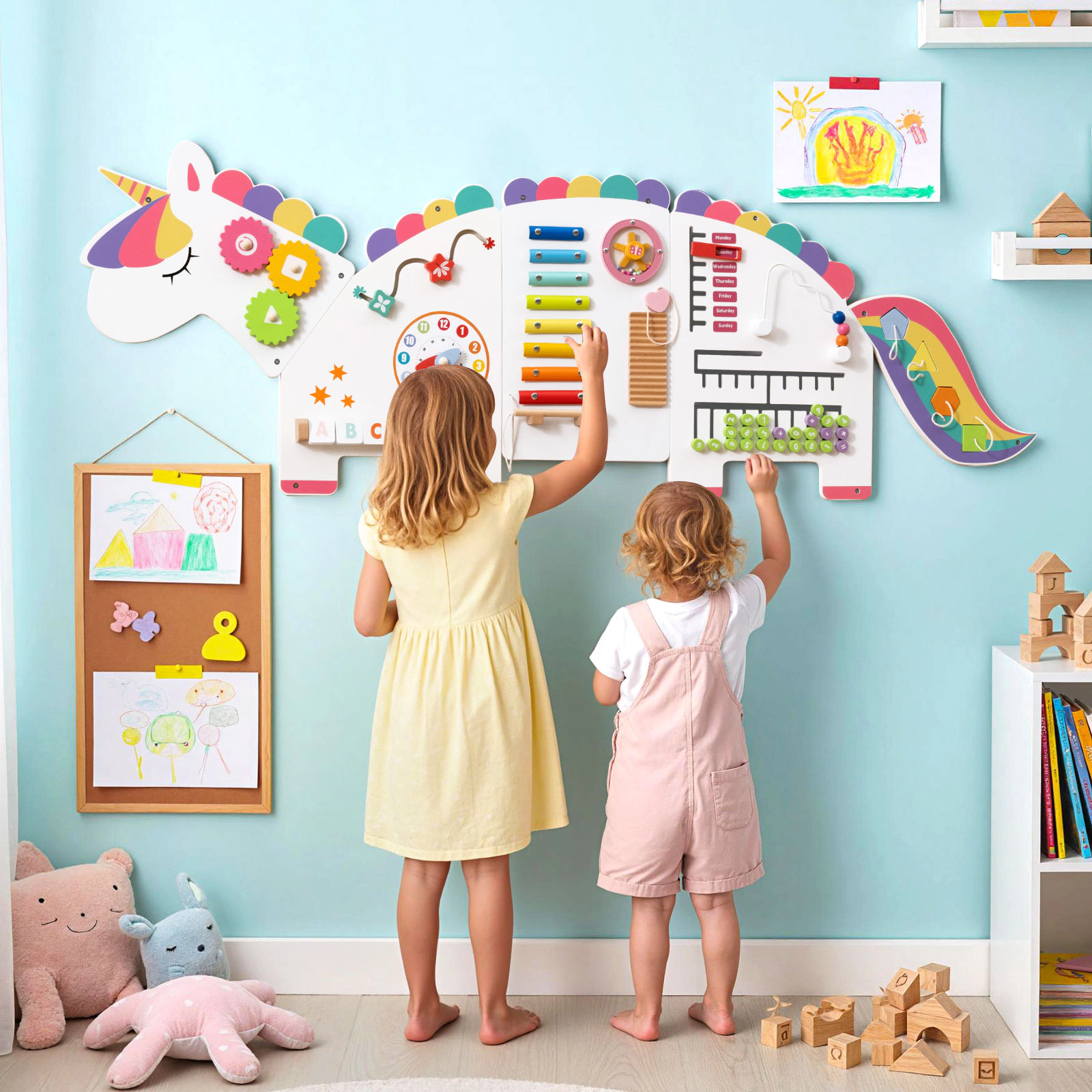 SUGIFT 11-in-1 57-in Dinosaur Montessori Busy Board Wall Panel Set with Xylophone Clock and Abacus