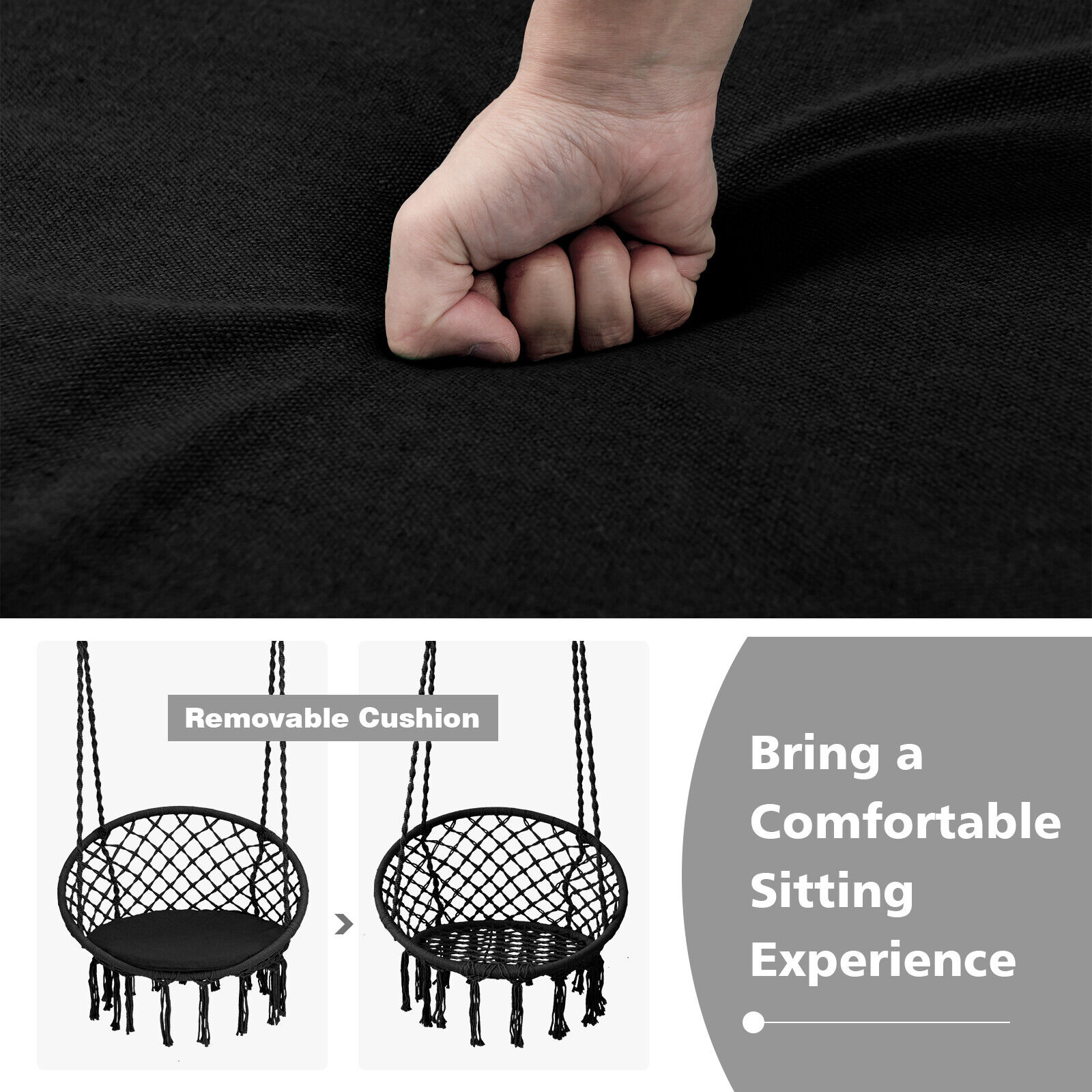SUGIFT Cushioned Hammock Swing Chair with Hanging Kit 31.5-in Round Frame 330-lb Capacity Black