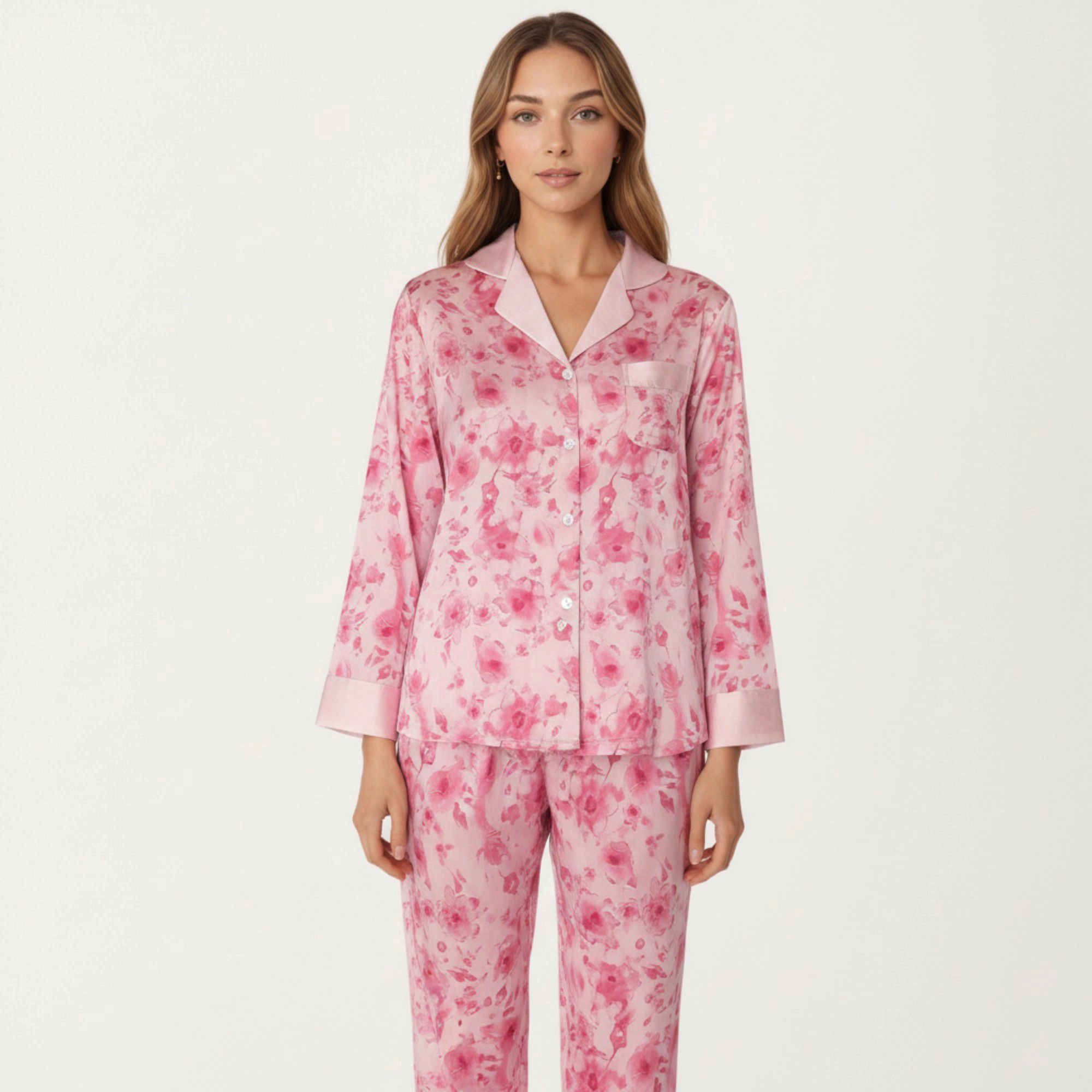 Anna-Kaci Women's 2-Piece Floral Satin Button Front Pajama Top with Contrast Cuffs and Matching Relaxed Fit Lounge Pants