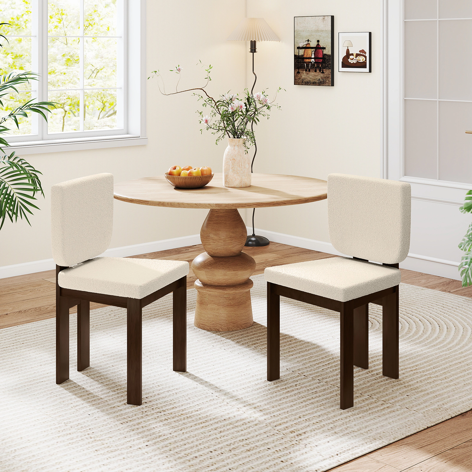 SUGIFT Sherpa Upholstered Wooden Dining Chair Set of 2 Rubber Wood Legs 265-lb Capacity Brown+White 19.5 x 20 x 35 in