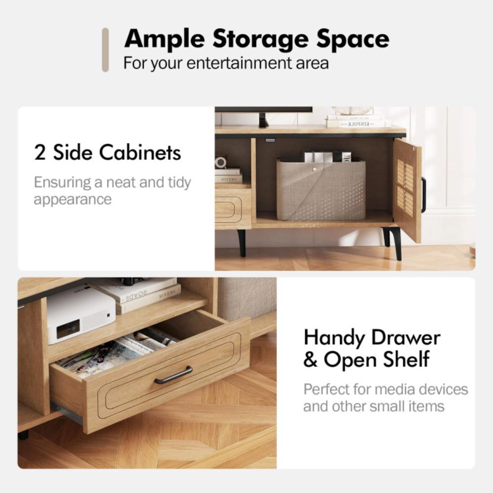 Hivvago Mid Century Modern Entertainment Center With 2 Cabinets And Storage Drawer-Oak