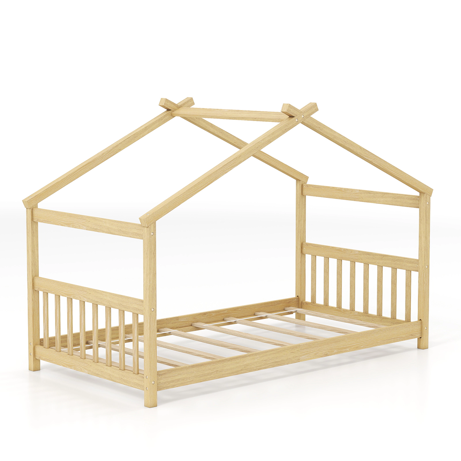 SUGIFT Twin Size Wooden House Bed Frame with Roof 350-lb Capacity Pine Wood Plywood 82-in Long White/Natural