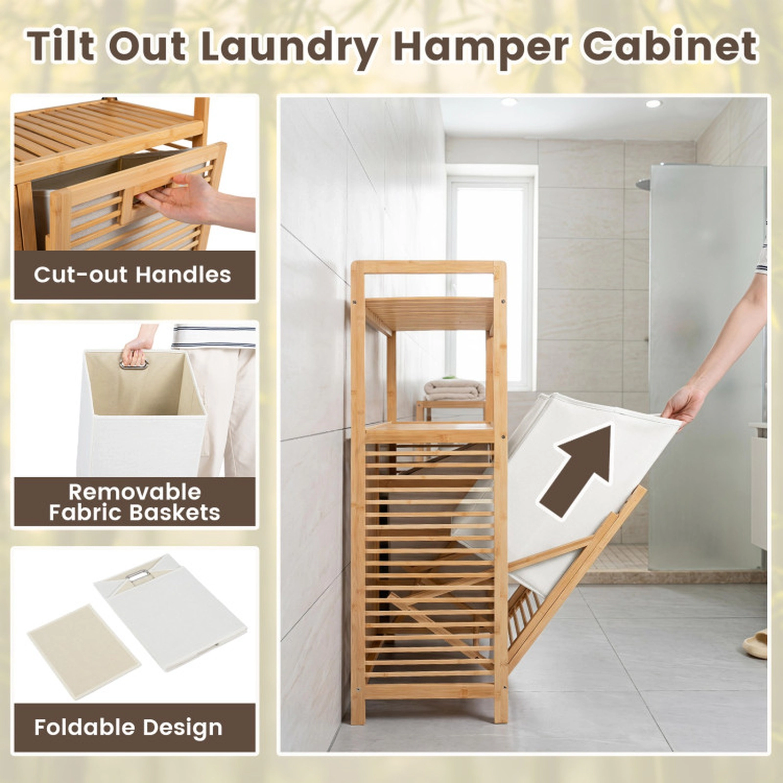 SUGIFT Double Tilt Out Laundry Hamper with 2 Shelves for Dirty Clothes 154-lb Capacity 32-in Wide Natural