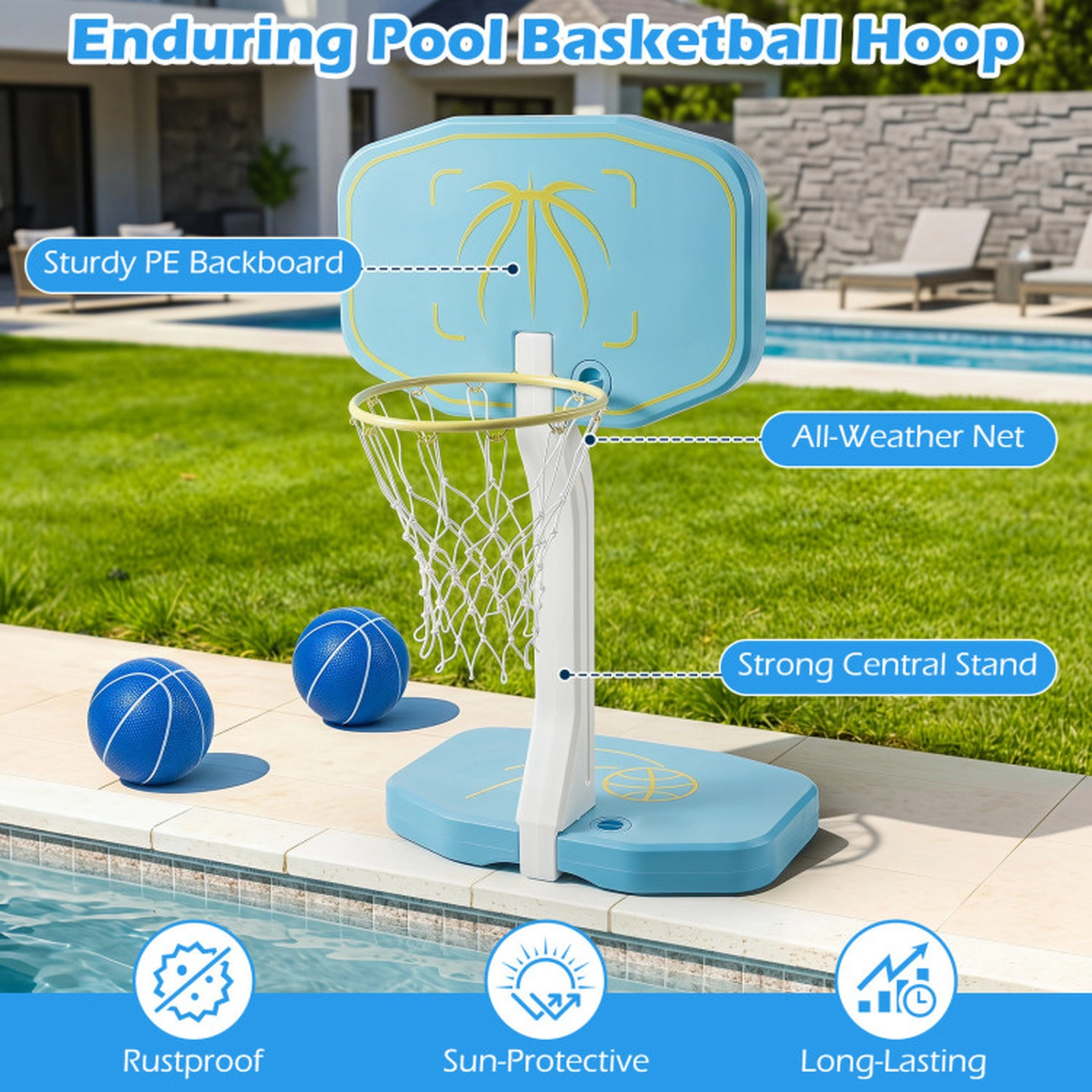 SUGIFT 2-in-1 Pool Basketball Hoop and 25-ft Volleyball Net Set with Weighted Base and Air Pump