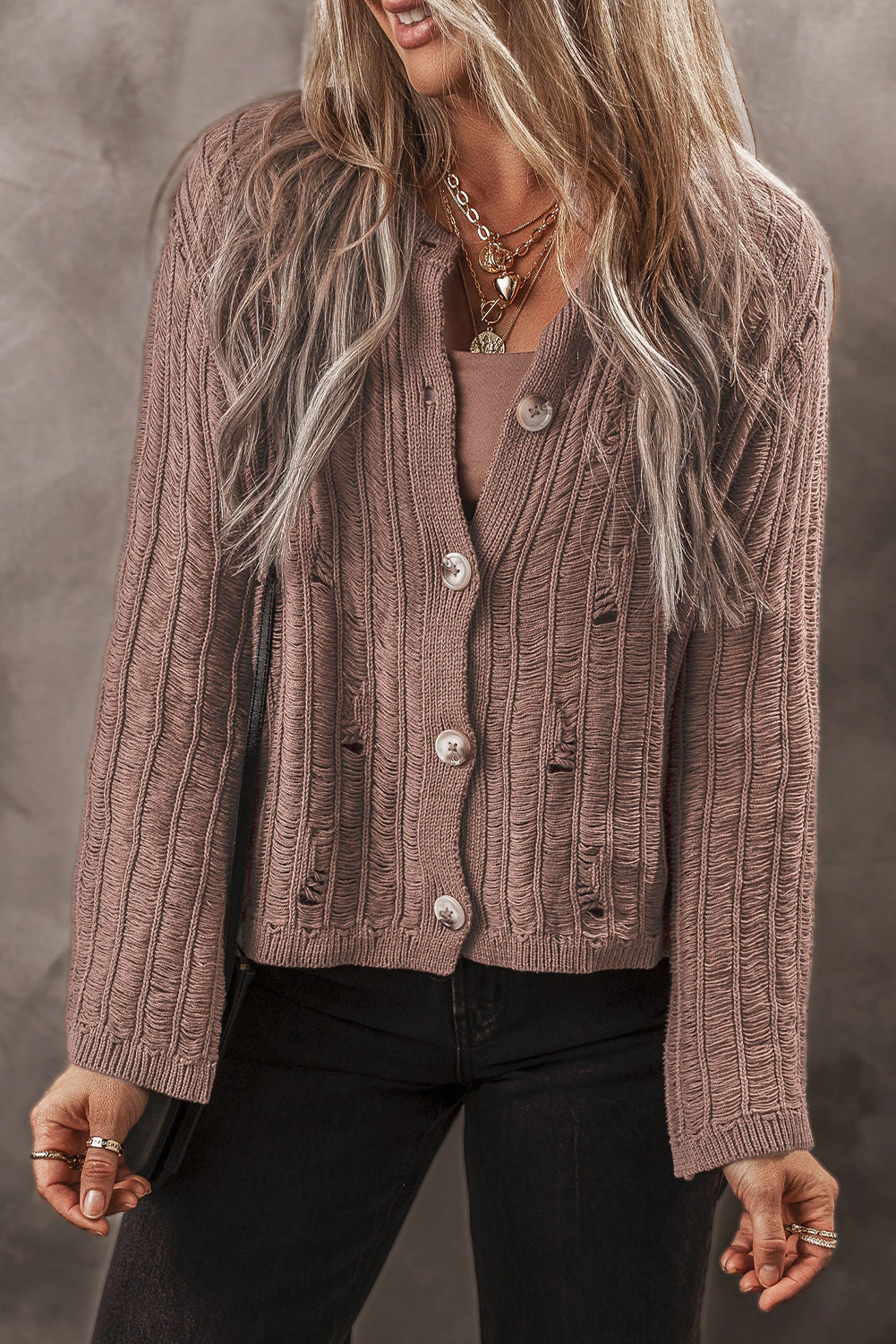 Sol Living Womens Goat Cut Out Textured Knit Buttoned Cardigan