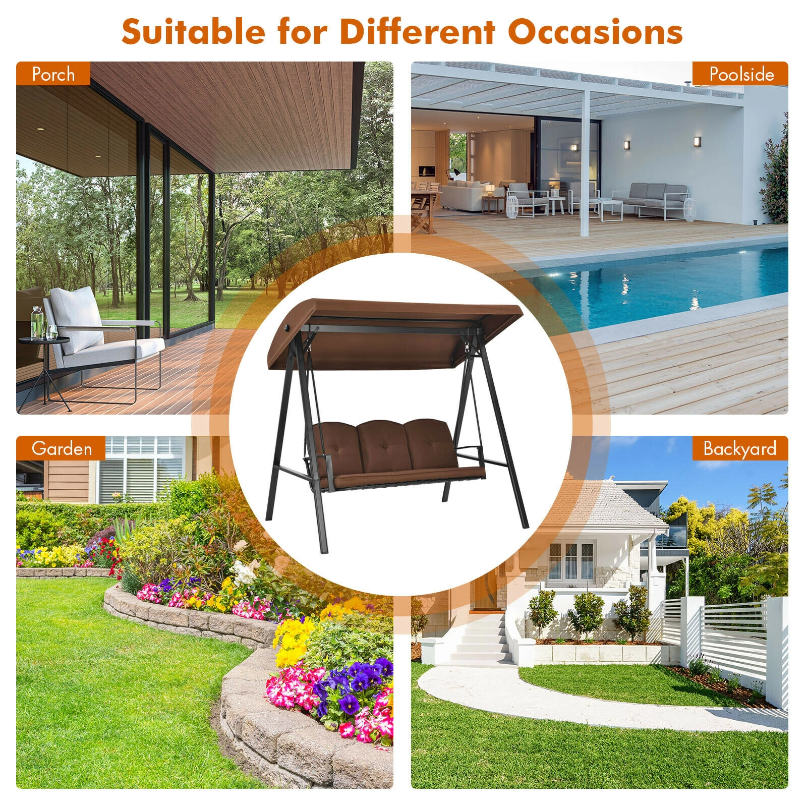LJG Outdoor 3-Seat Porch Swing with Adjust Canopy and Cushions