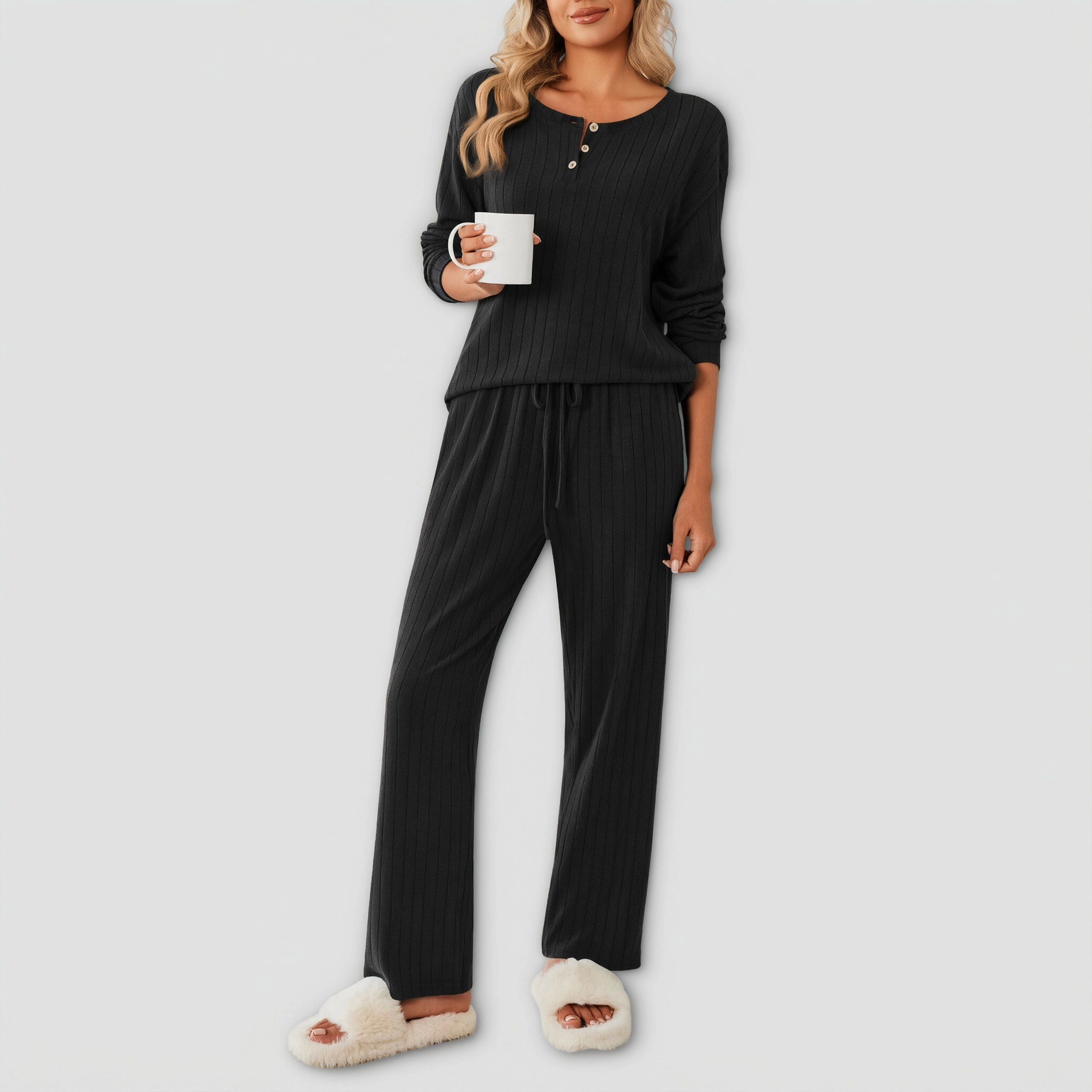 Ekouaer Womens Pajamas Set Two Piece Ribbed Knit Button Down Fleece Long Sleeve