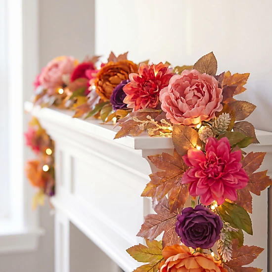 BrylaneHome 6 Ft. Pre-Lit Peony Delight Garland, Color: Red Orange ...