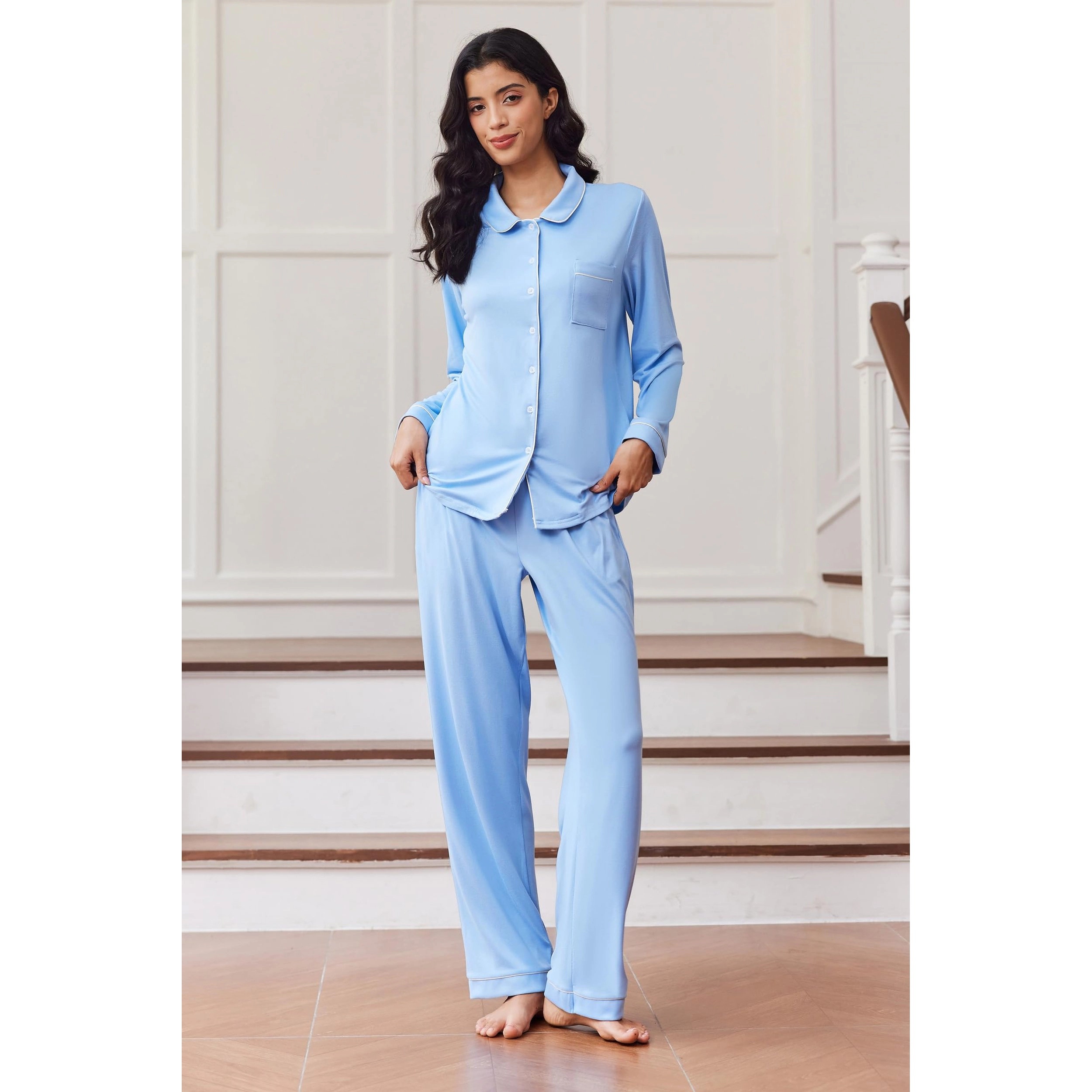 Ekouaer Womens Pajama Sets Classic Long Sleeve Button Down Sleepwear Soft Pajamas Lounge