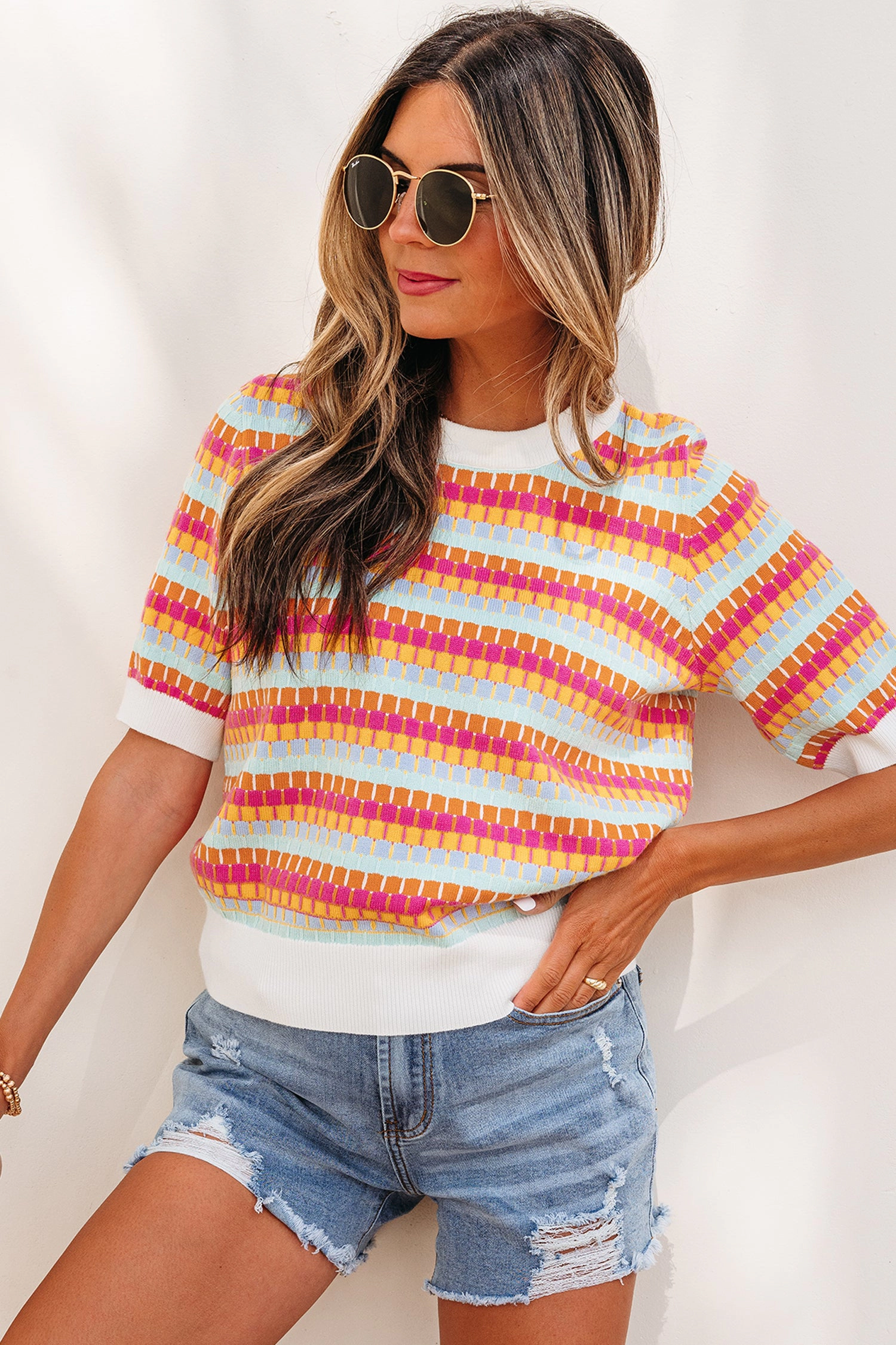 Threaded Pear Bellamy Knit Short Sleeve Sweater - Orange, Oversized Retro Stripe