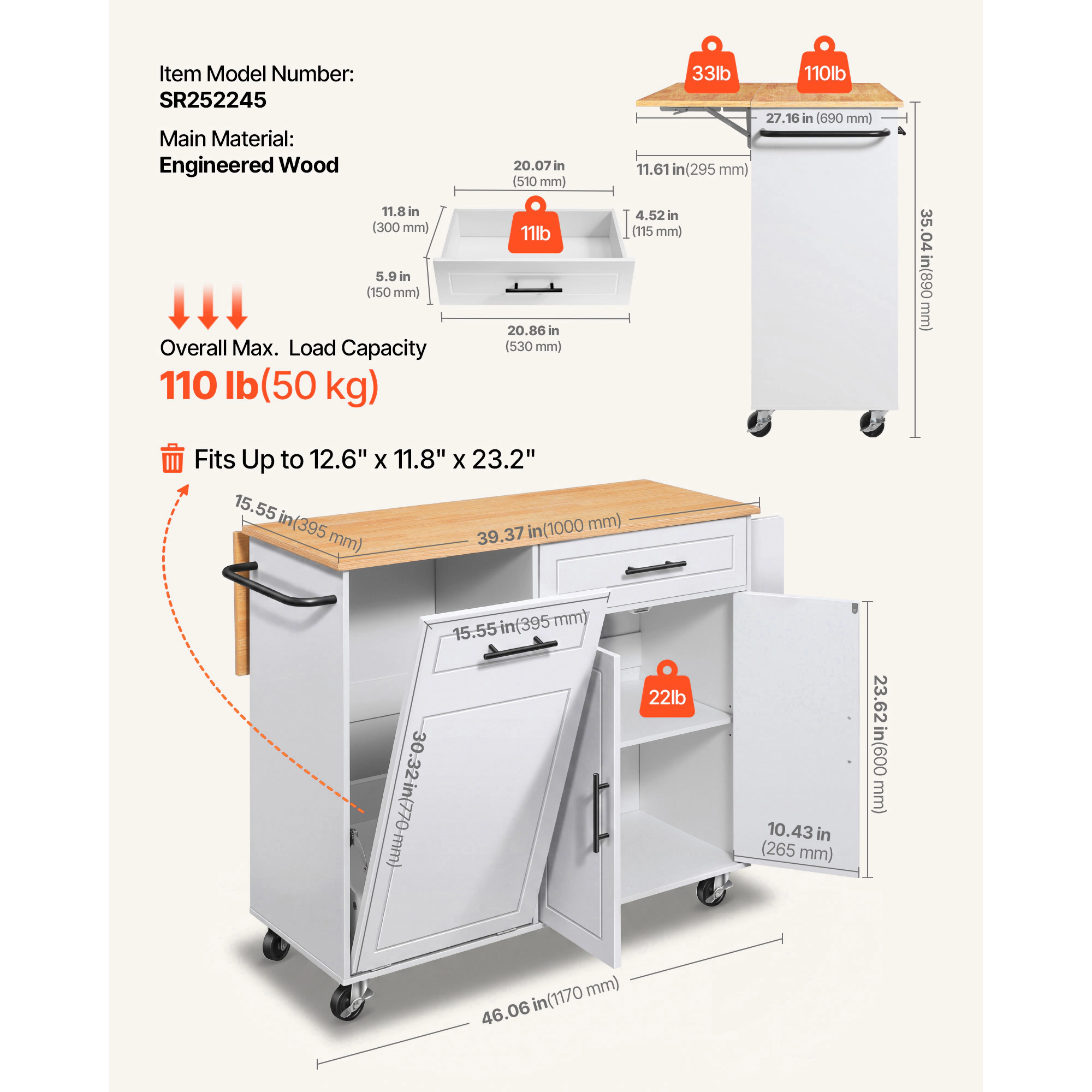 HONGGE Kitchen Island Cart with Storage Mobile Rolling Storage Island on Swivel Wheels with Drawer Storage Cabinet Rack
