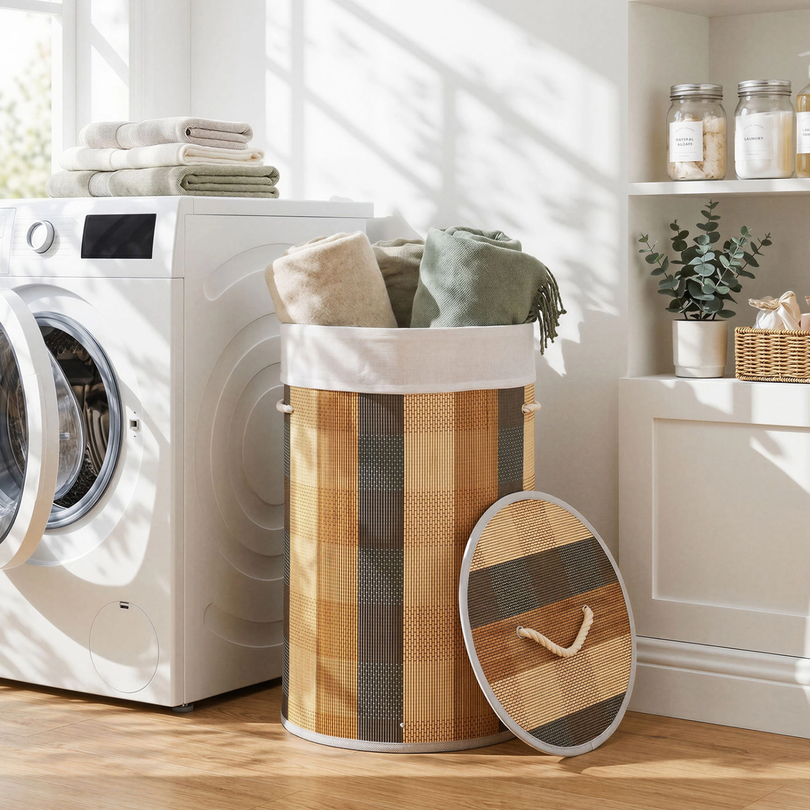 SUGIFT 13.2-gal Foldable Bamboo Laundry Hamper with Lid and Removable Machine-Washable Liner Basket
