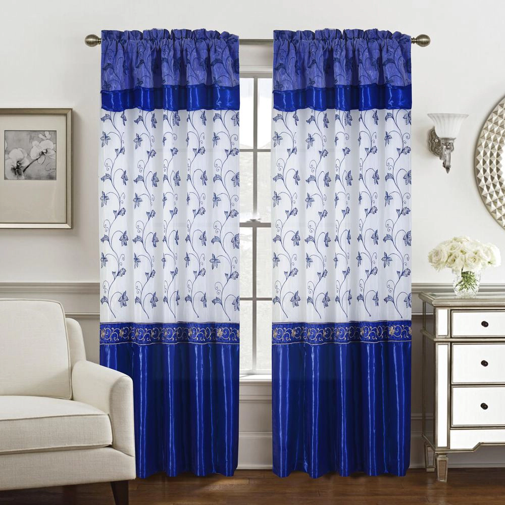 Pia Embroidered Panel With Double Valance 54'' x 90'' Navy