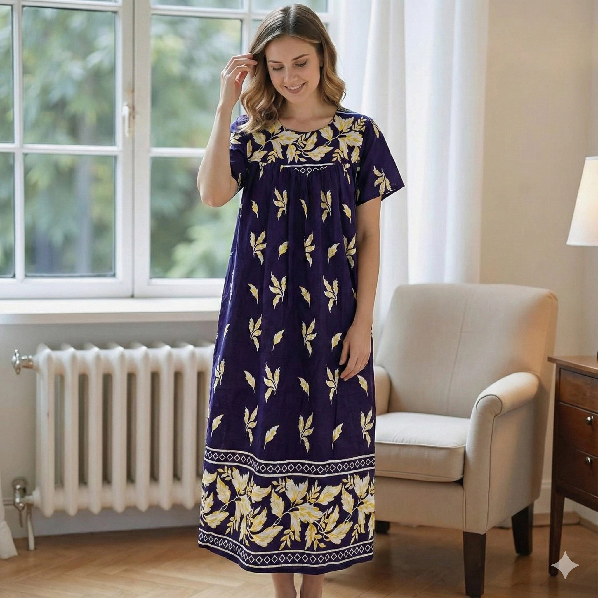 Loungees Border Print Cotton Lounge Dress House Caftan Sweetheart Neck Yoke Short Sleeve