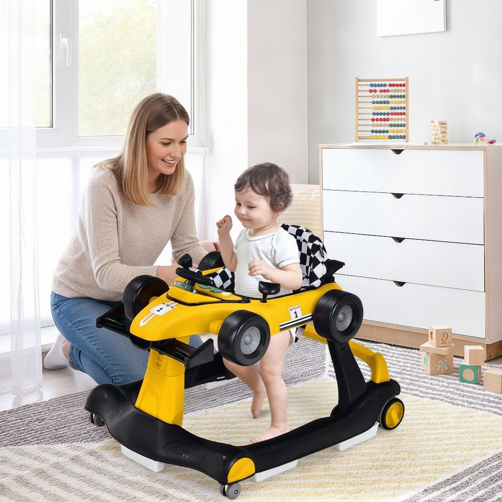 4-in-1 Foldable Activity Push Walker with Steering Wheel Shifter 2 Rearview Mirrors Music and Lights in Yellow