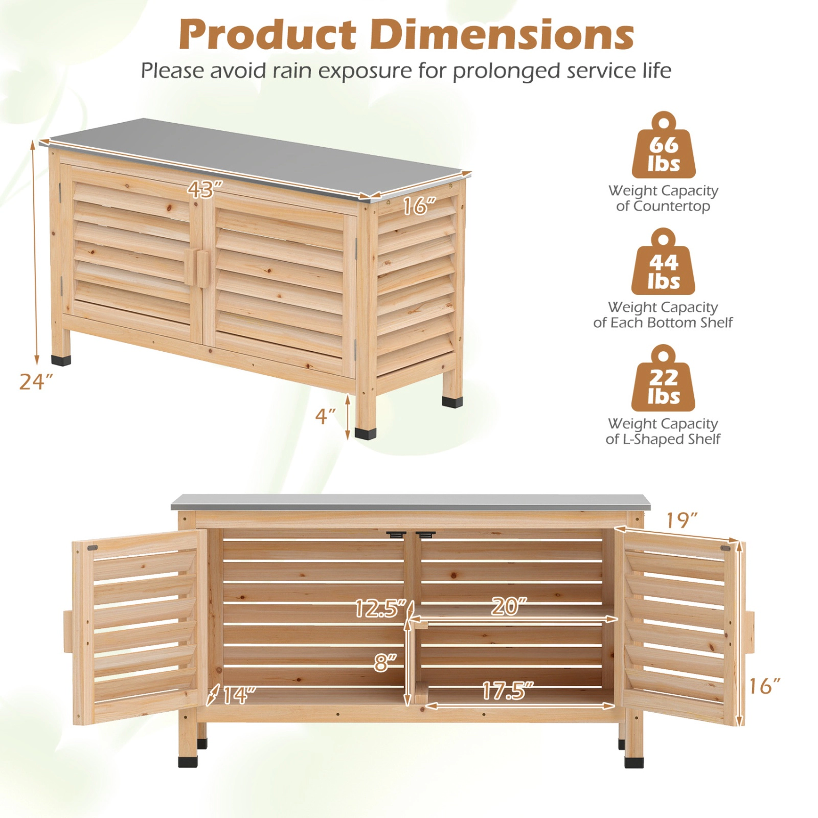 SUGIFT Fir Wood Patio Storage Cabinet Stainless Steel Countertop 66-lb Capacity 43 x 16 x 24-in Natural/Silver
