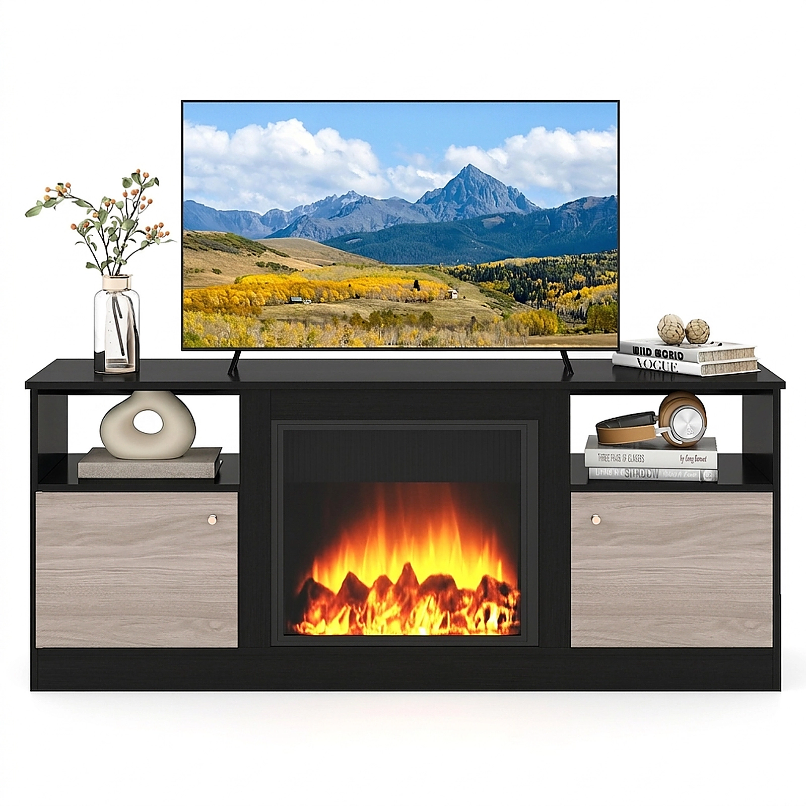 SUGIFT 57.5-Inch TV Stand for TVs up to 65 Inches, RGB LED Lights, 2 Cabinets, Fireplace-Ready Bay
