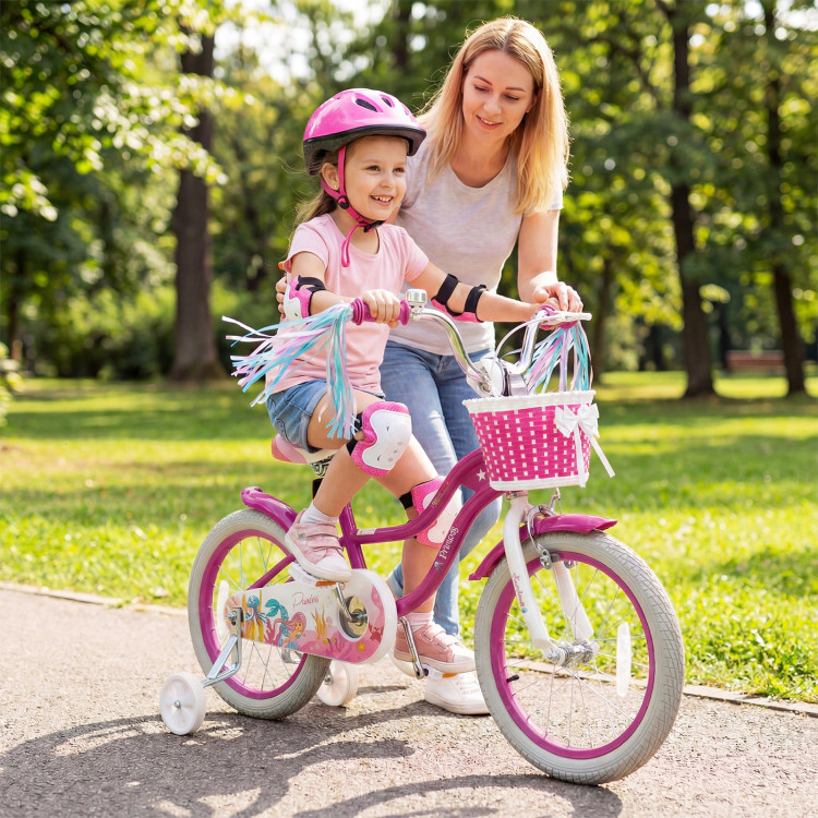 Hivvago Kids Bike Adjustable with Basket and Streamers Rose Red - Princess of the Sea Theme