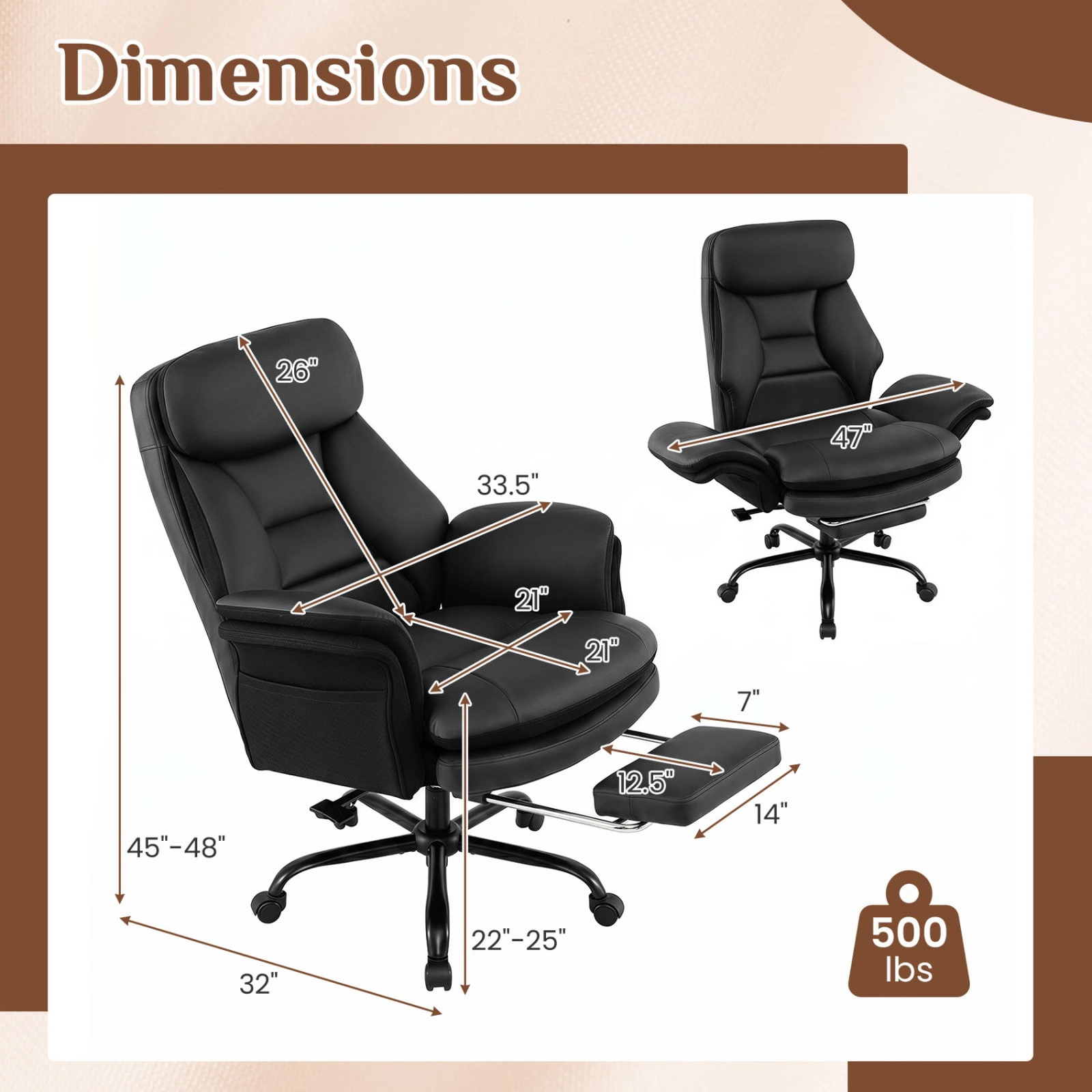 SUGIFT Big and Tall Executive Office Chair, 500-Lb Capacity, Black Faux Leather, Reclining Backrest and Footrest