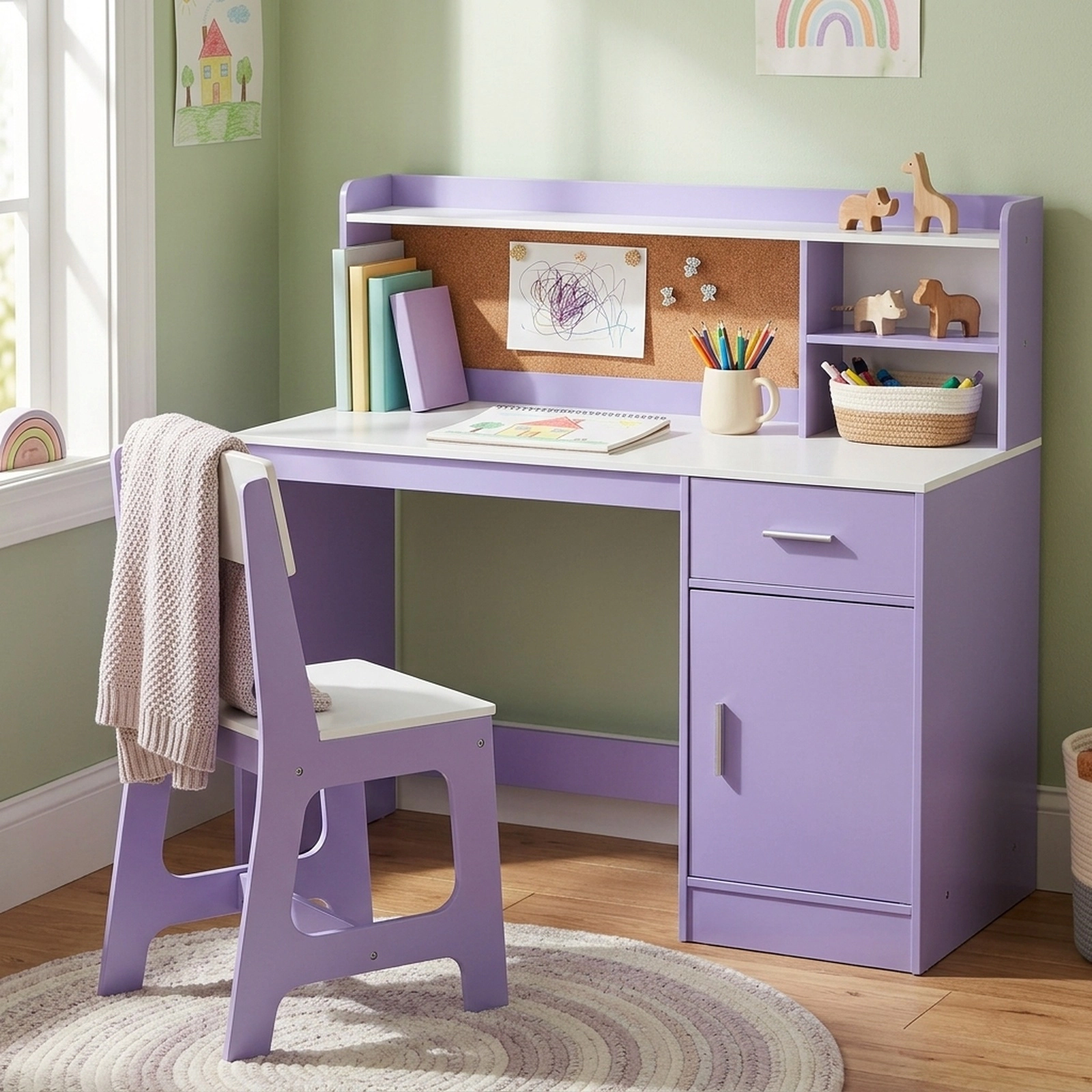 SUGIFT Kids Student Desk and Chair Set, 43-in Table with Cork Board, Drawer and Storage Cabinet, Purple