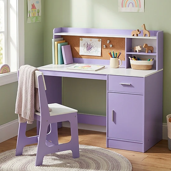 SUGIFT Kids Student Desk and Chair Set, 43-in Table with Cork Board, Drawer and Storage Cabinet, Purple