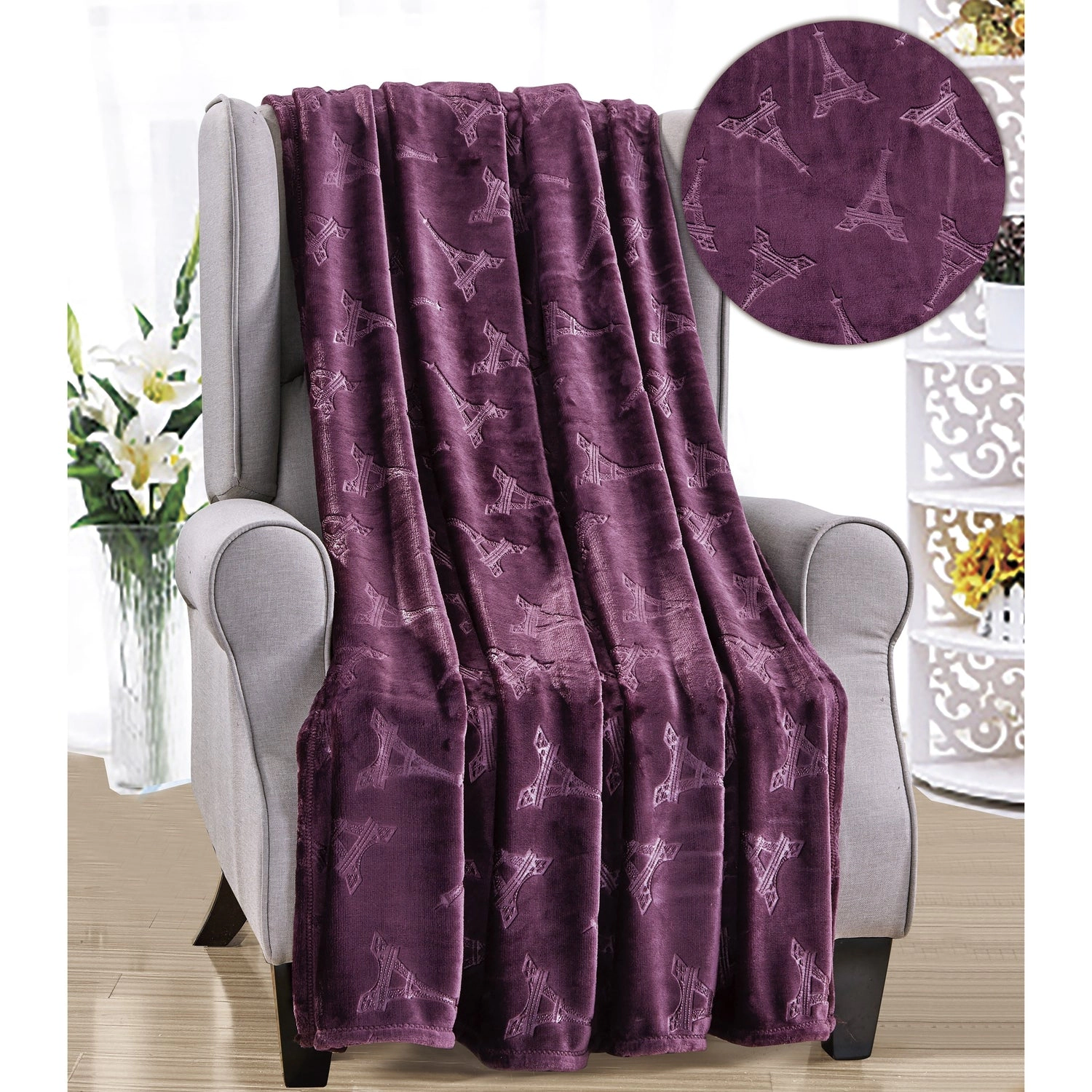 Plazatex Eiffel Tower Embossed Decorative Super Soft Throw Blanket for Sleep/Decor 2 Pack 50" x 60" Plum