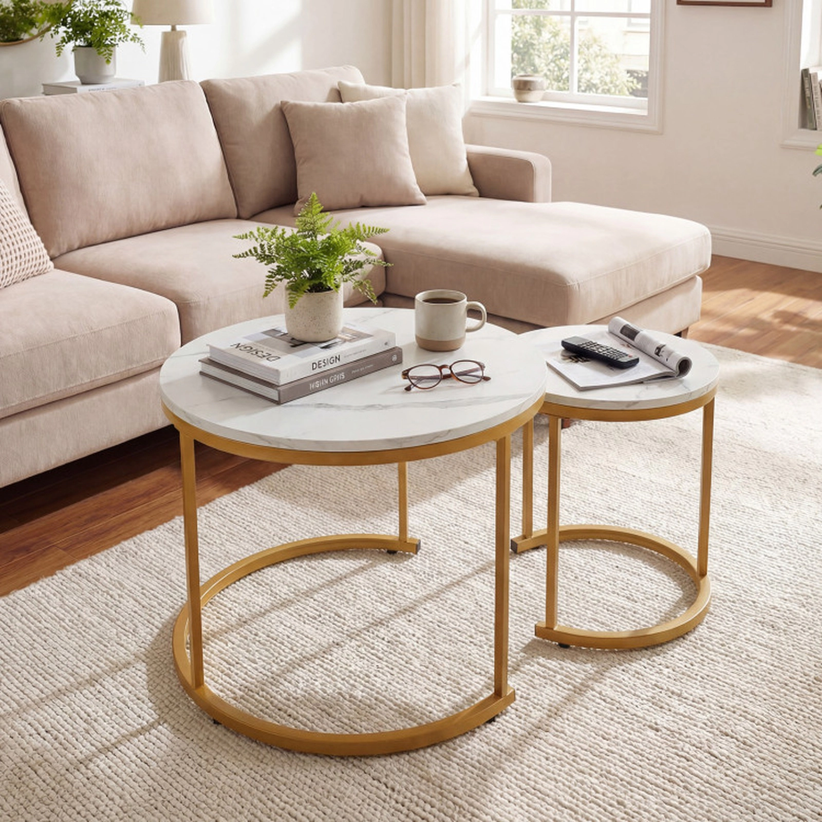 SUGIFT Set of 2 Modern Round Stacking Nesting Coffee Tables with MDF Tops and Steel Frames Rustic Brown
