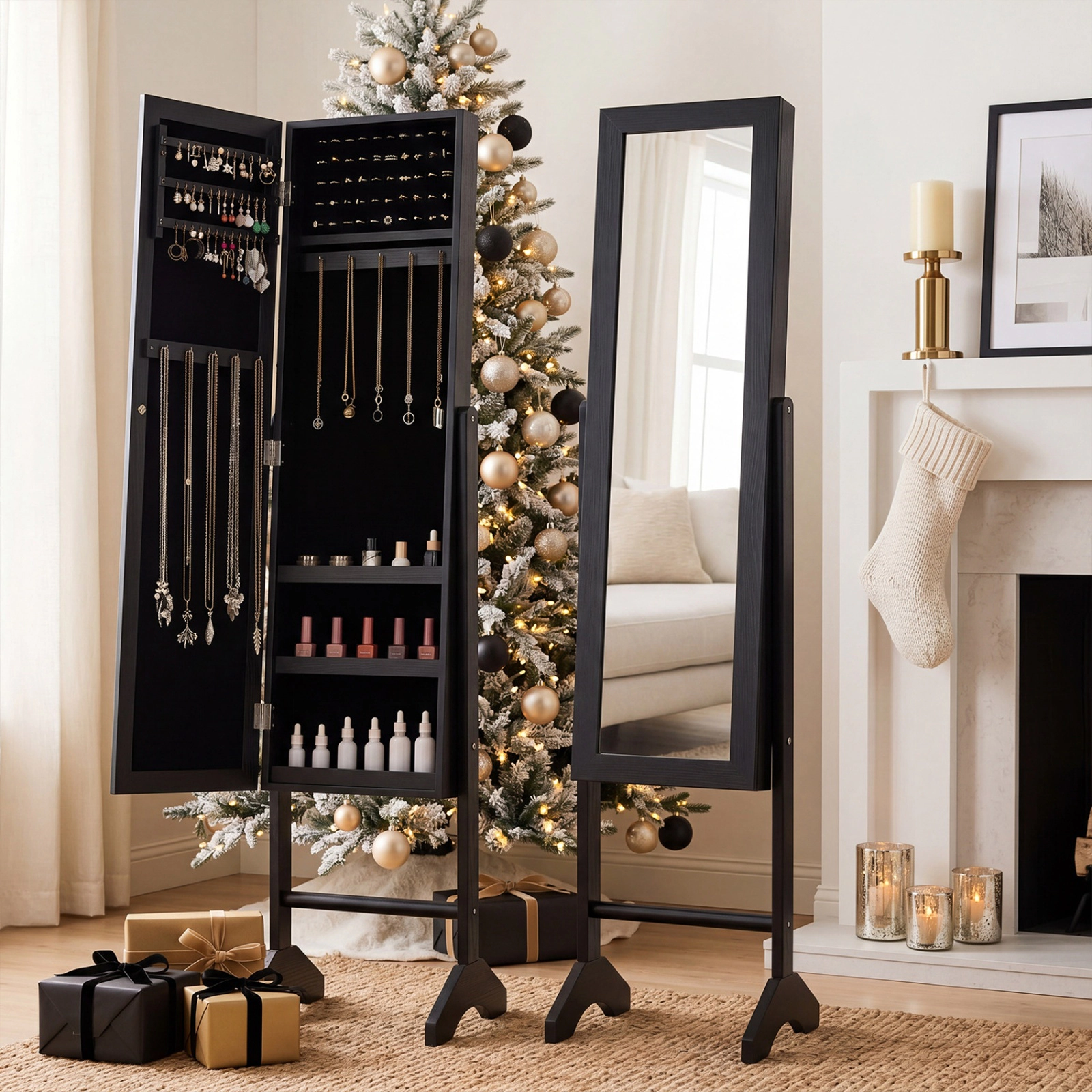 SUGIFT Freestanding Jewelry Armoire Velvet Lining & Full Length 40 x 9-in Mirror 61-in Tall 14 x 13-in Base 1-Pc Black
