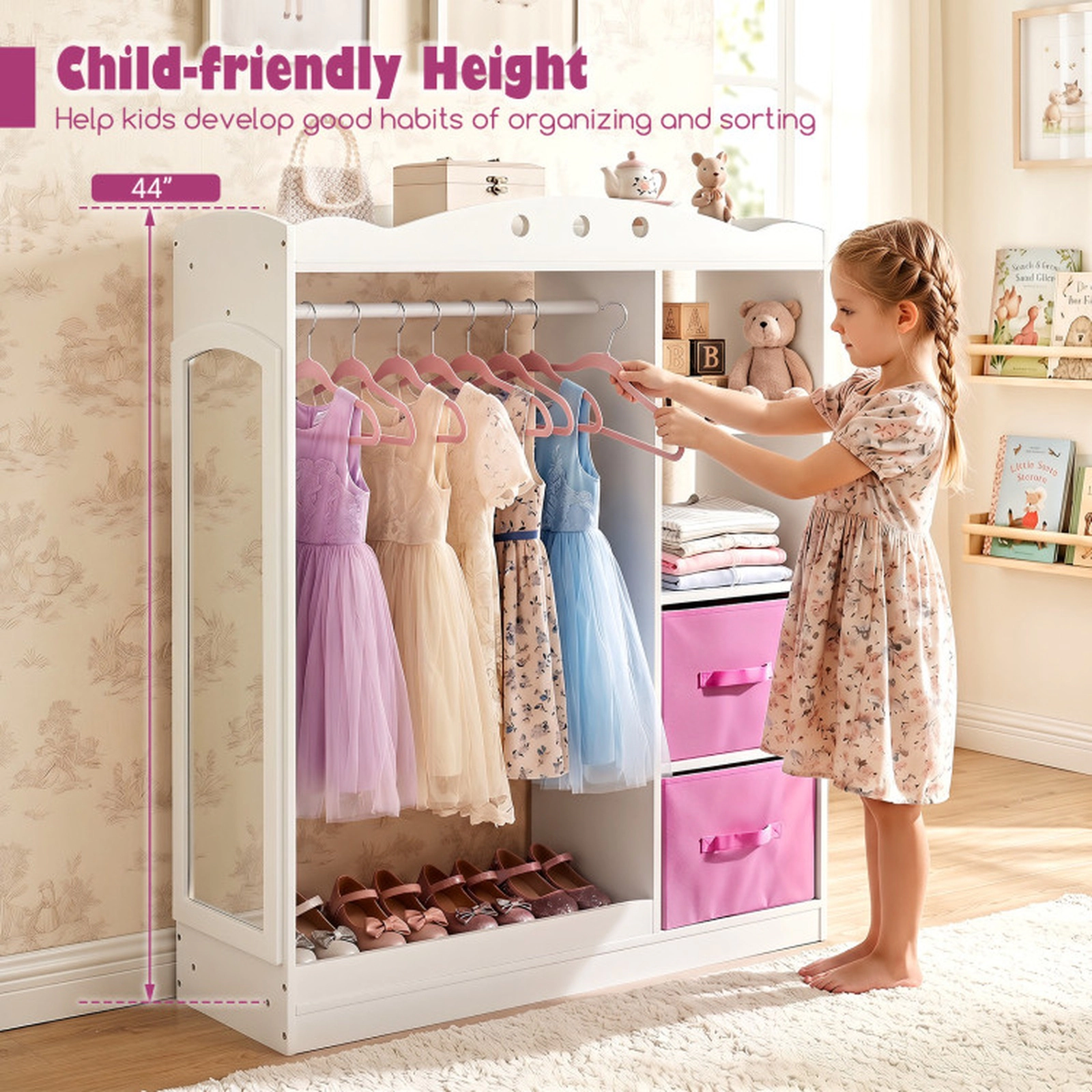 SUGIFT 44-in White Kids Dress Up Storage and Clothing Rack with Full Length Acrylic Mirror and 2 Fabric Drawers