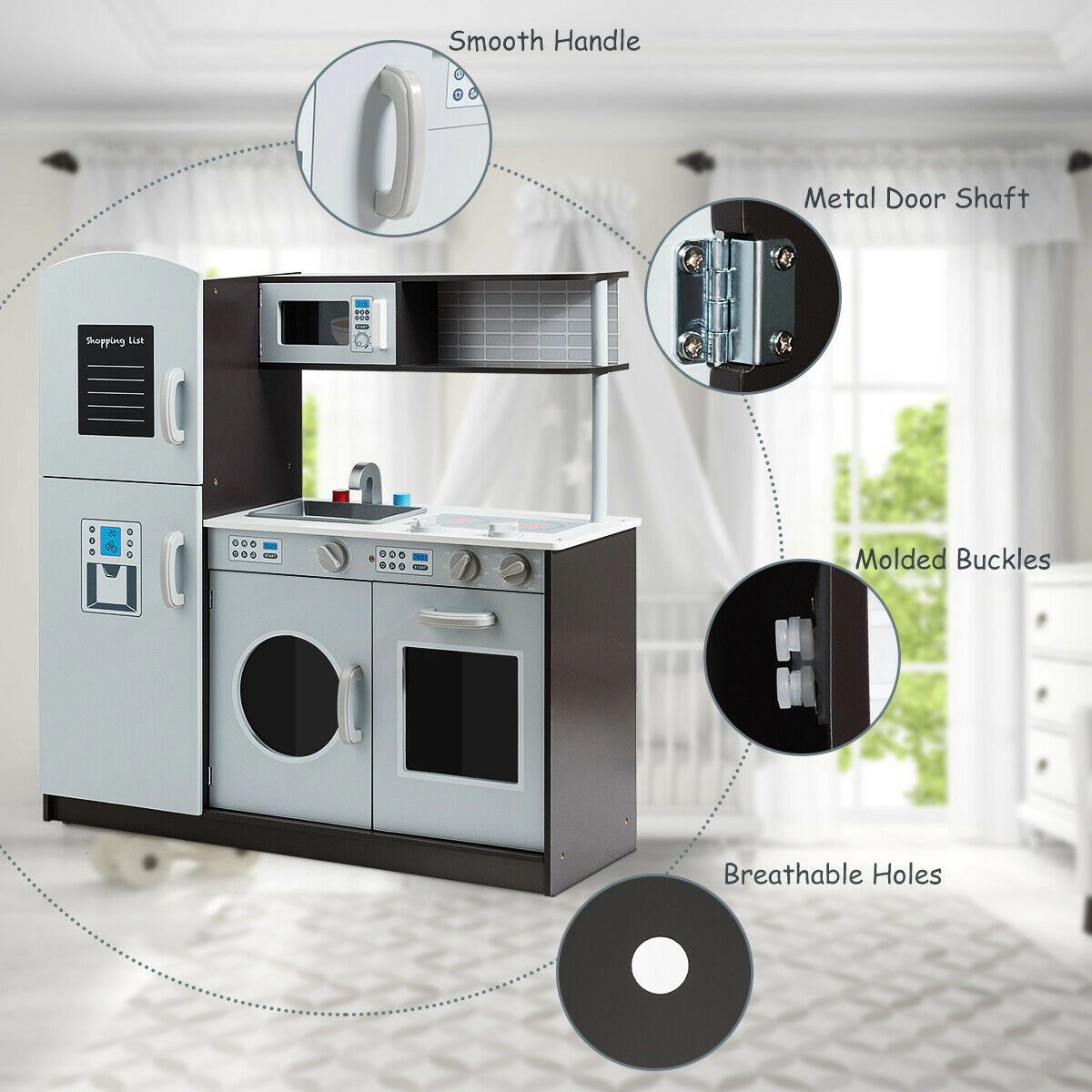 SUGIFT Gray Refrigerator Oven and Simulated Sound Kids Pretend Play Kitchen Cooking Set