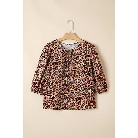 Threaded Pear Womens Promise Tie Puff Sleeve Leopard Blouse