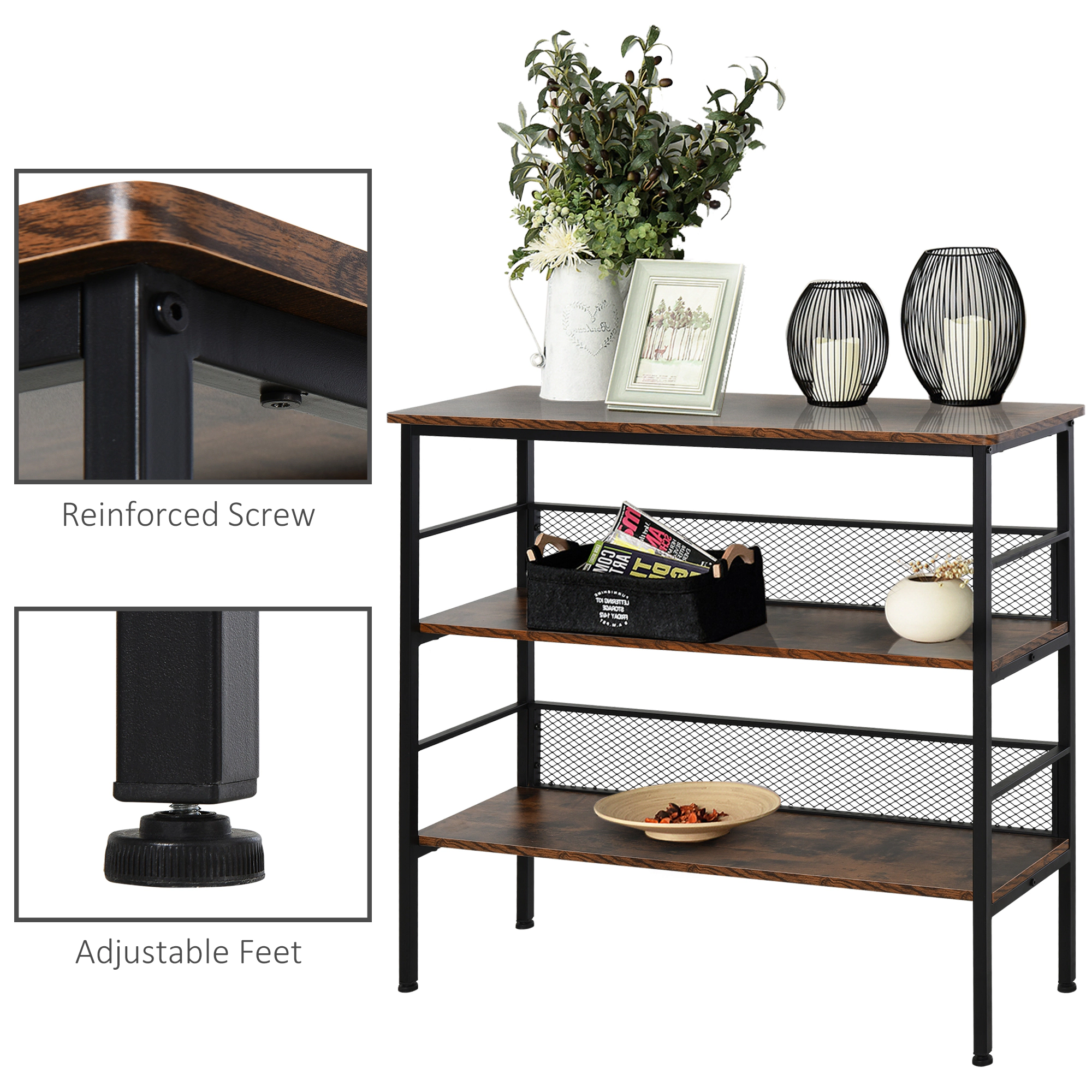 Flynama 3 Tier Console Table Wooden Shelves Adjustable Feet Industrial Style Storage Unit Black