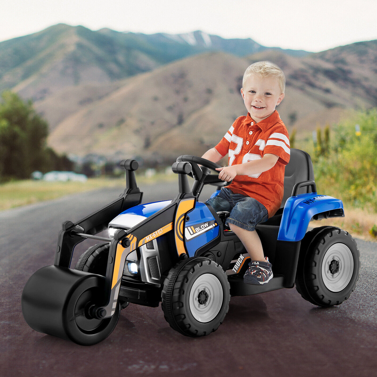 SUGIFT 12V Kids Ride On Road Roller with 2.4G Remote Control 66-lb Capacity Ages 3-8 49-in Long 2-5 mph Blue