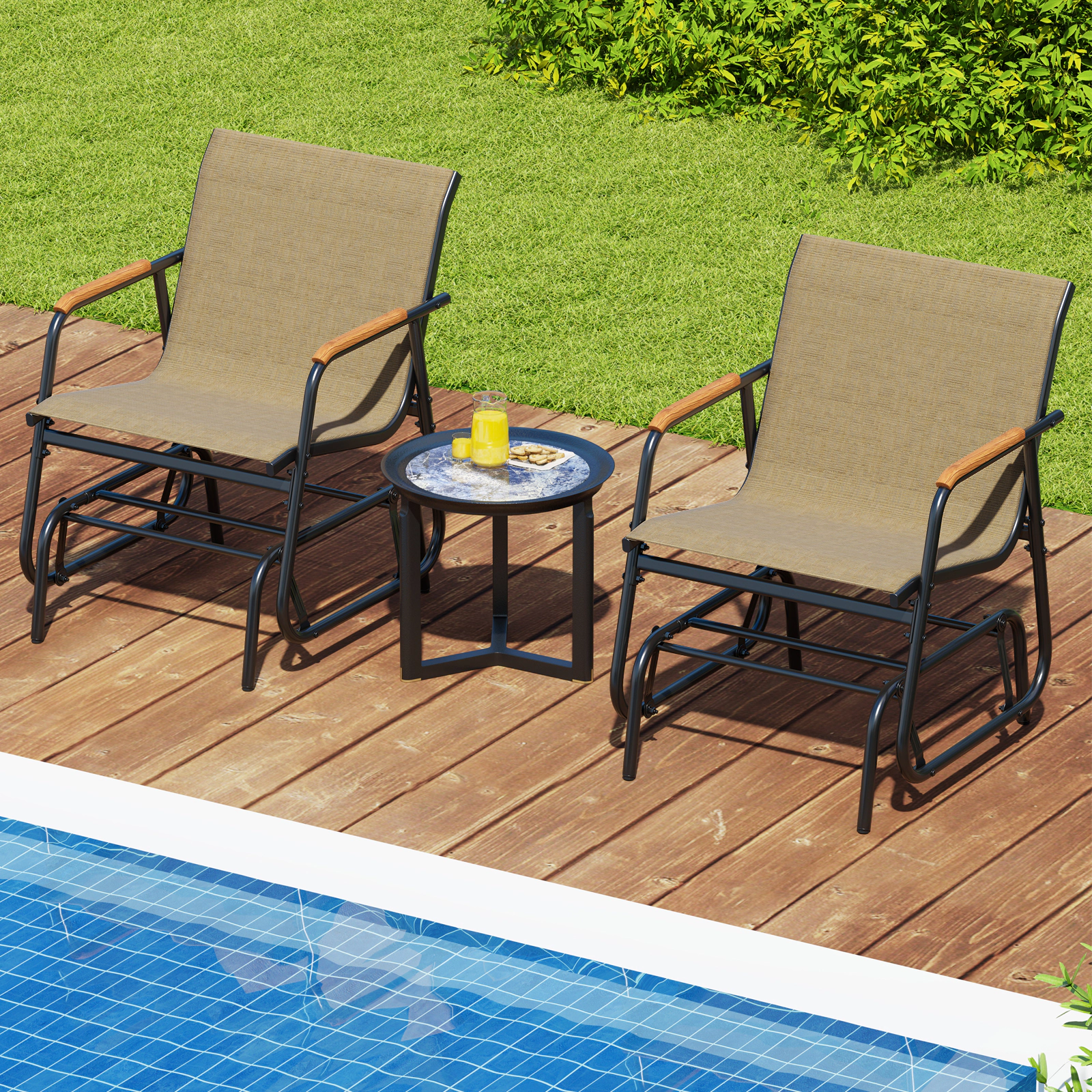 LJG Patio Glider Chair Set of 2 with Curved Teak Armrests and Breathable Fabric Seat