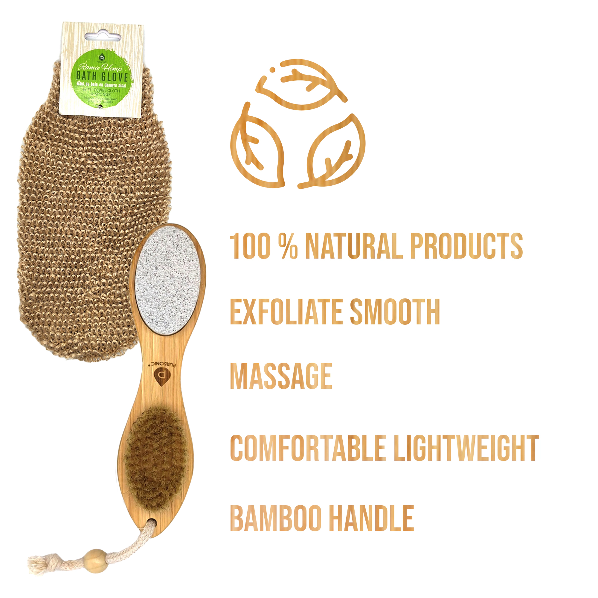 Pursonic Unisex Sisal Hemp Bath Glove & 4-in-1 Foot Scrubber Bundle