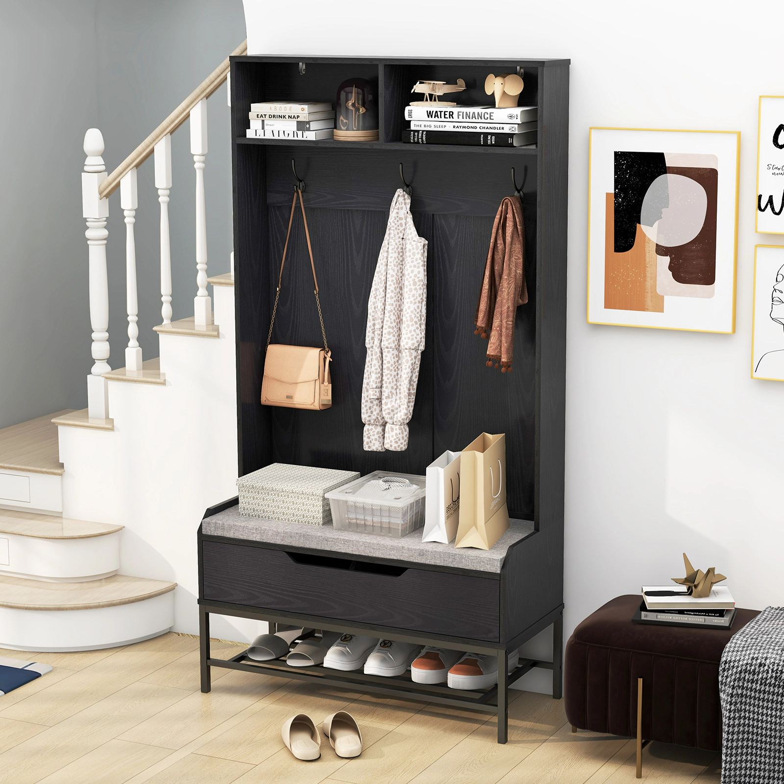 SUGIFT 67 Inch Hall Tree Black 4-in-1 Coat Rack with Seat Cushion and Shoe Storage