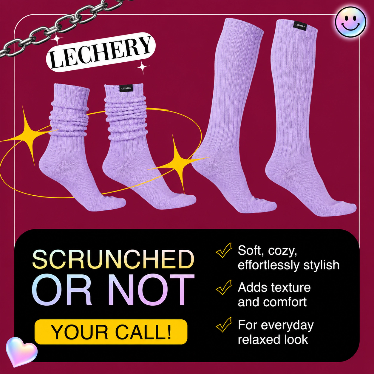 LECHERY Unisex Scrunch Socks Slouch Mid Calf Cotton Knit Retro Leg Warmer Style
