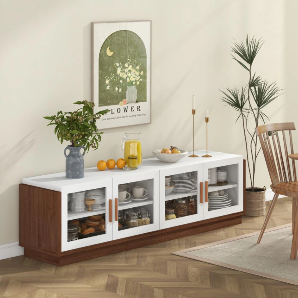 Hivvago Large Tv Stand For Tvs Up To 75 Inch With 4 Tempered Glass Doors For Living Room-White