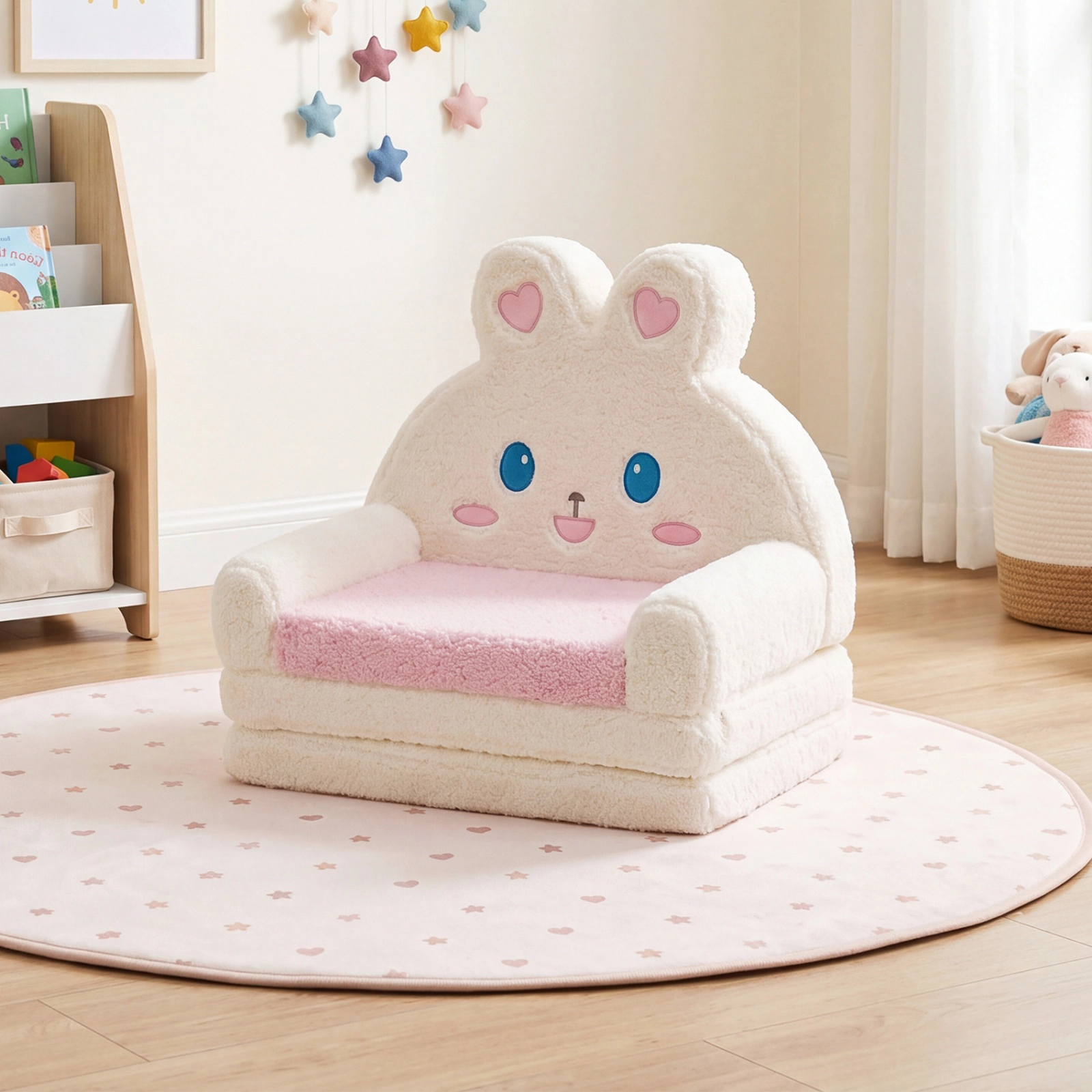 SUGIFT Pink Bunny Design Cotton Velvet 2-in-1 Convertible Kids Sofa to Lounger