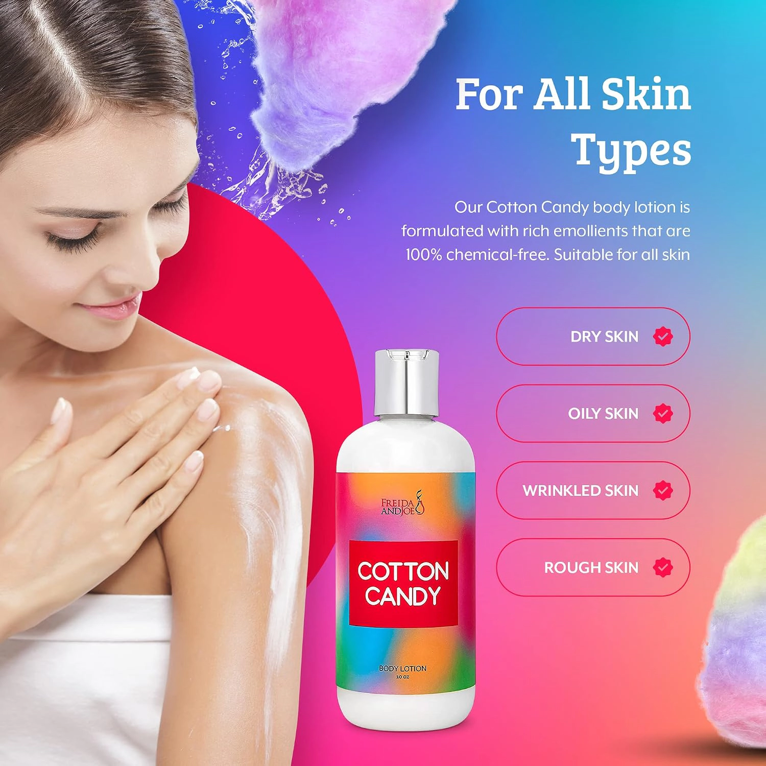 Freida and Joe Womens Cotton Candy 10oz Deep Moisturizing Fragrance Body Lotion & 8 oz.